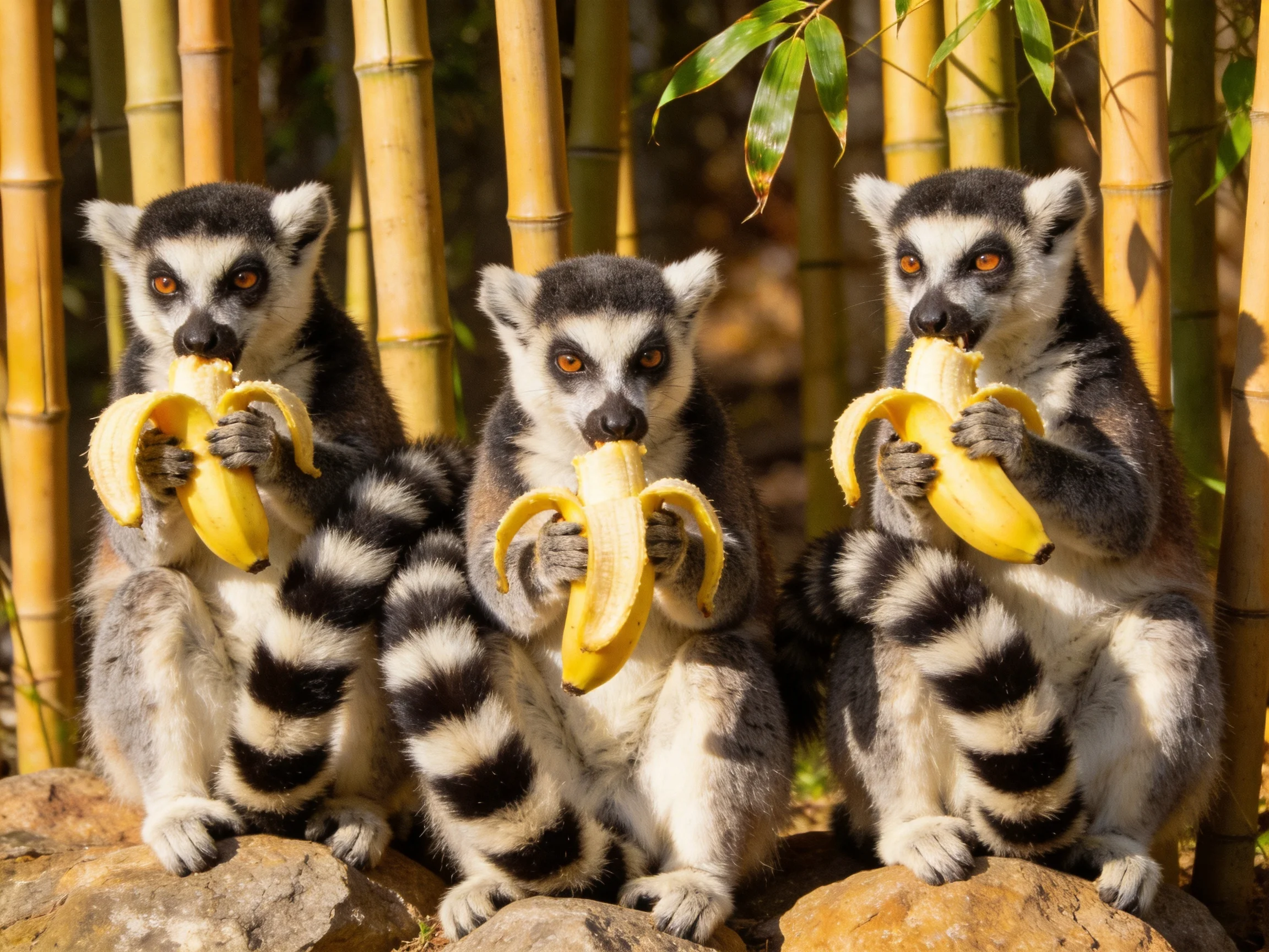Three ring-tailed lemurs eat bananas beside tall bamboo stalks