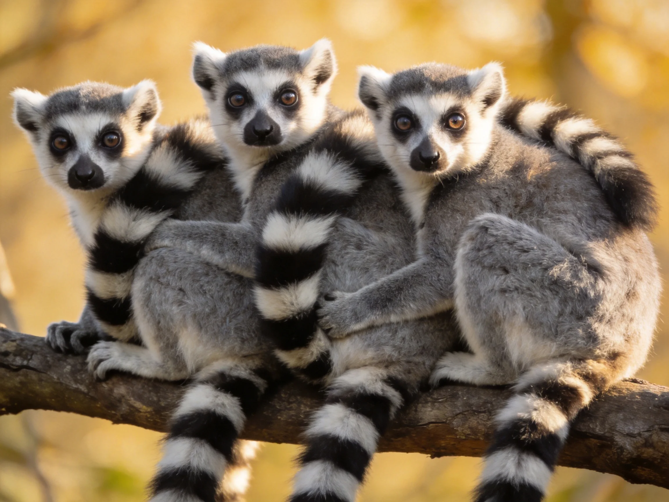 Three ring-tailed lemurs gather on a tree branch