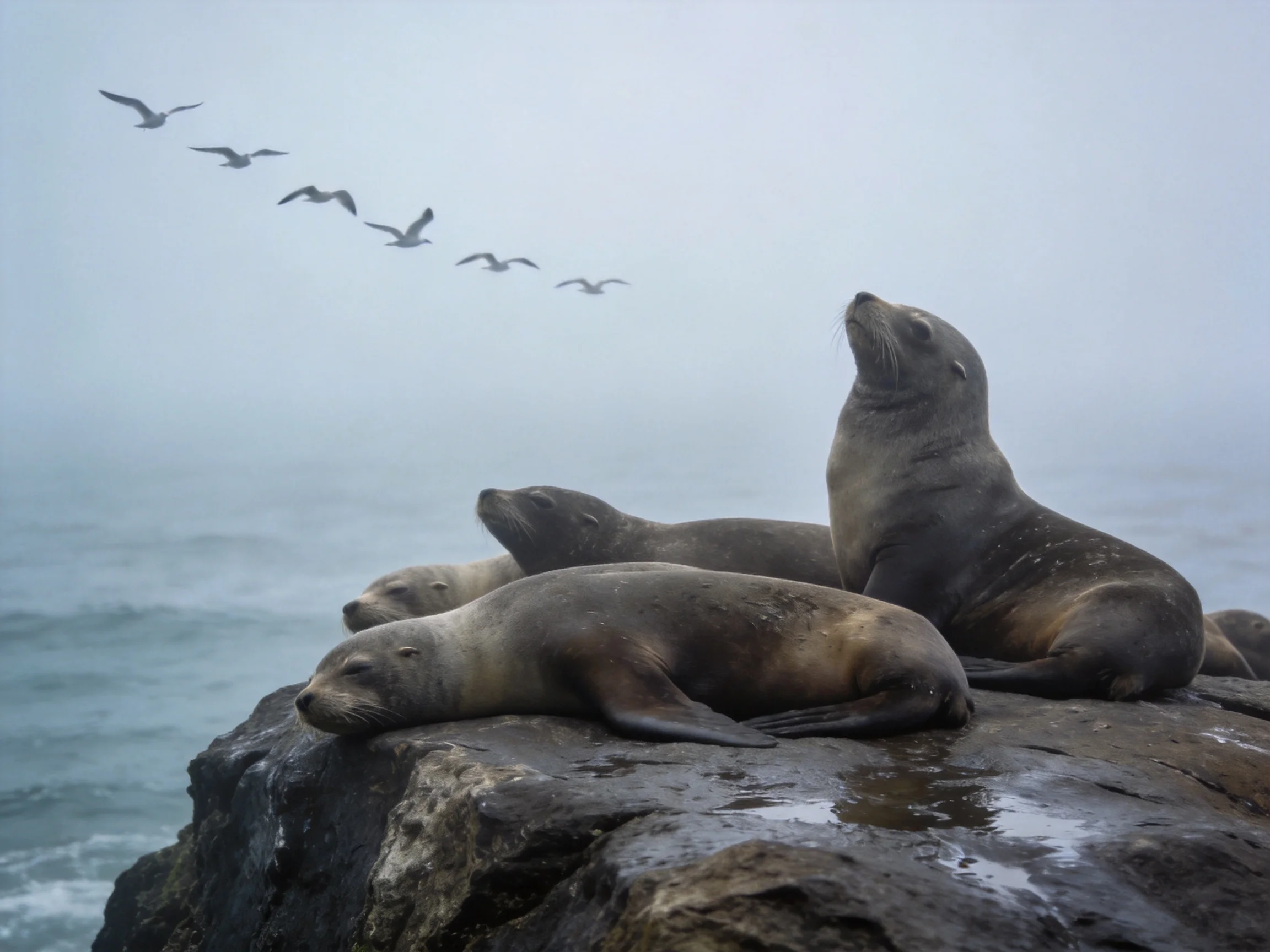 Three sea lions rest on a wet rocky cliffside near a foggy ocean with seagulls flying