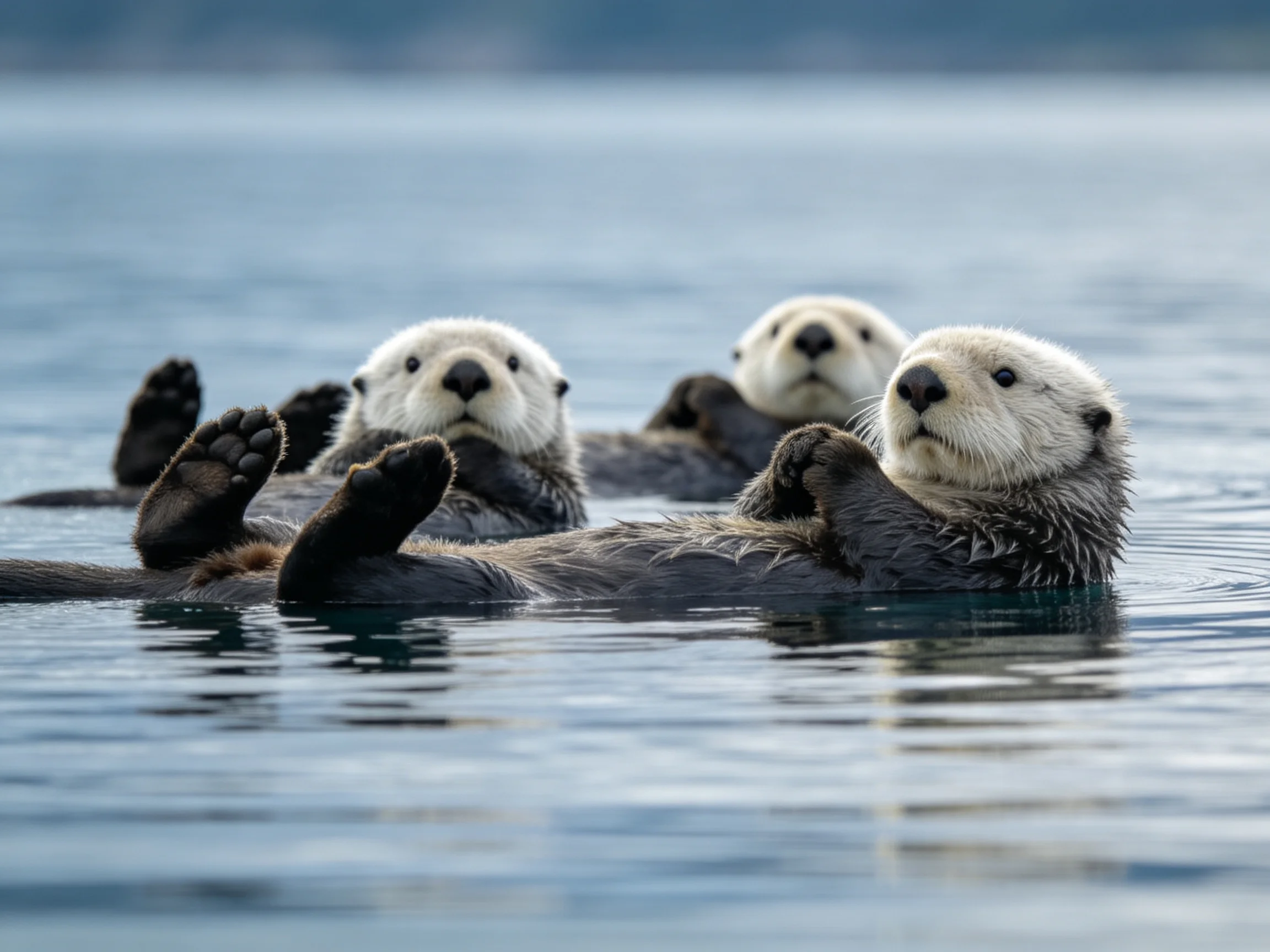 Three sea otters float serenely in calm blue water