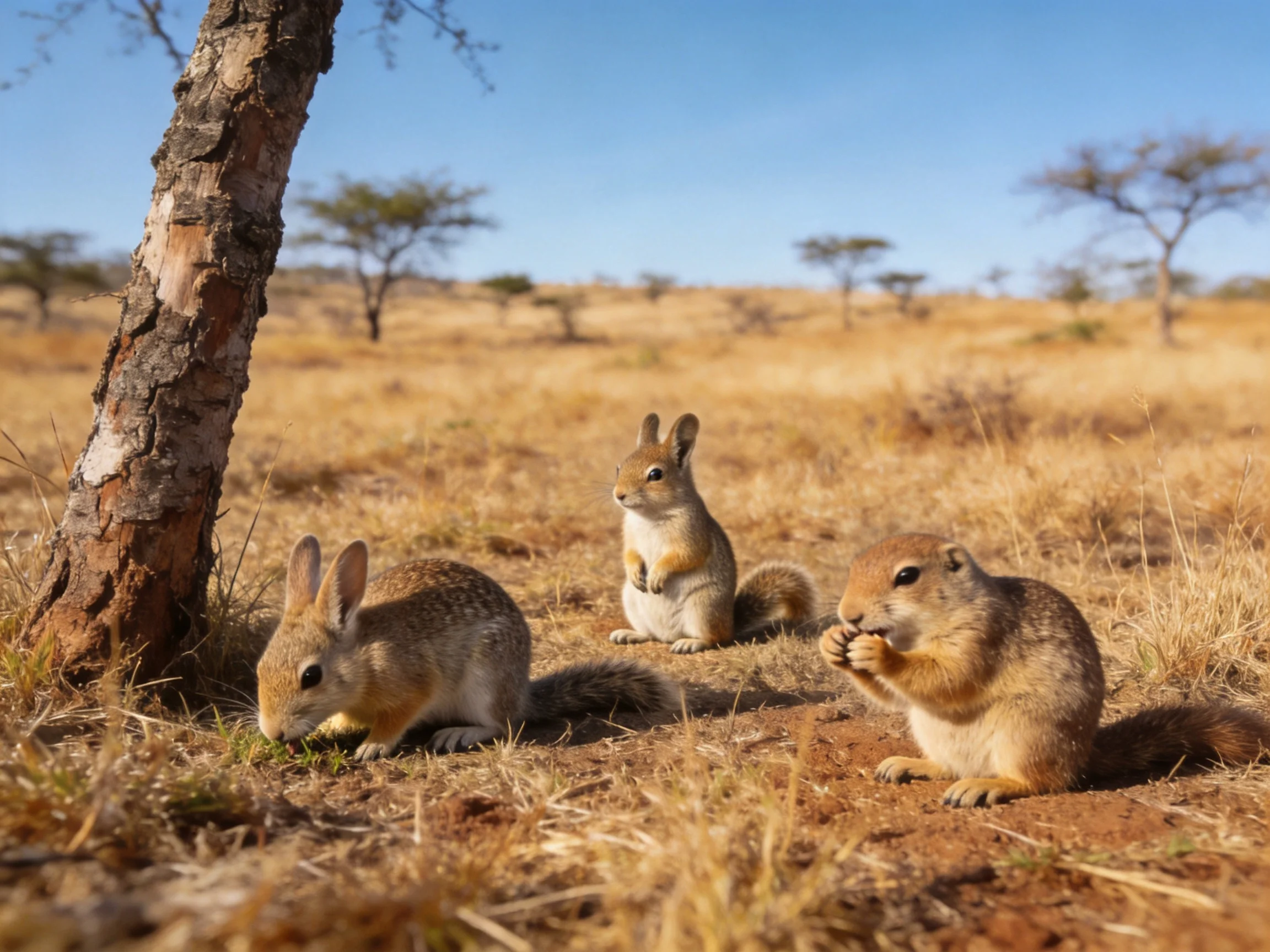 Three small brown squirrels gather near a weathered tree in golden grasslands