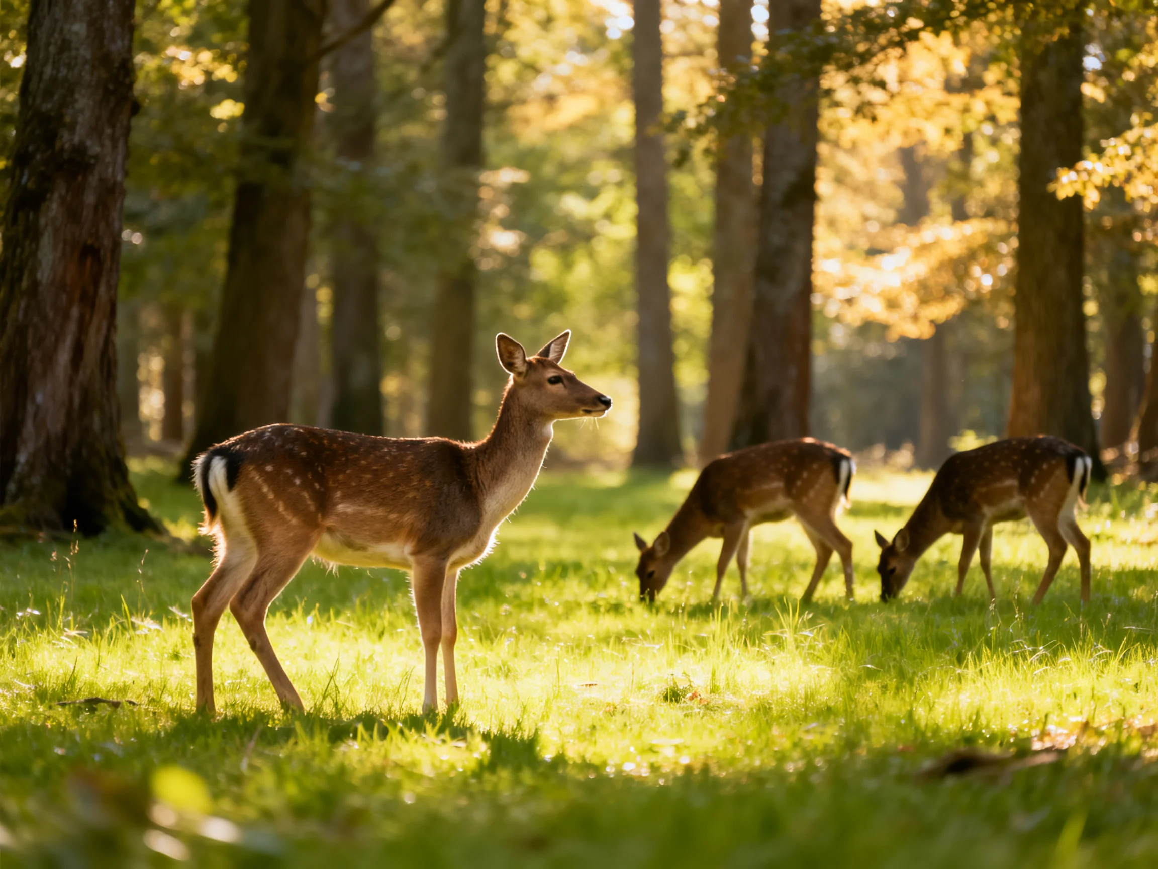 Three deer graze in a sunlit forest clearing.