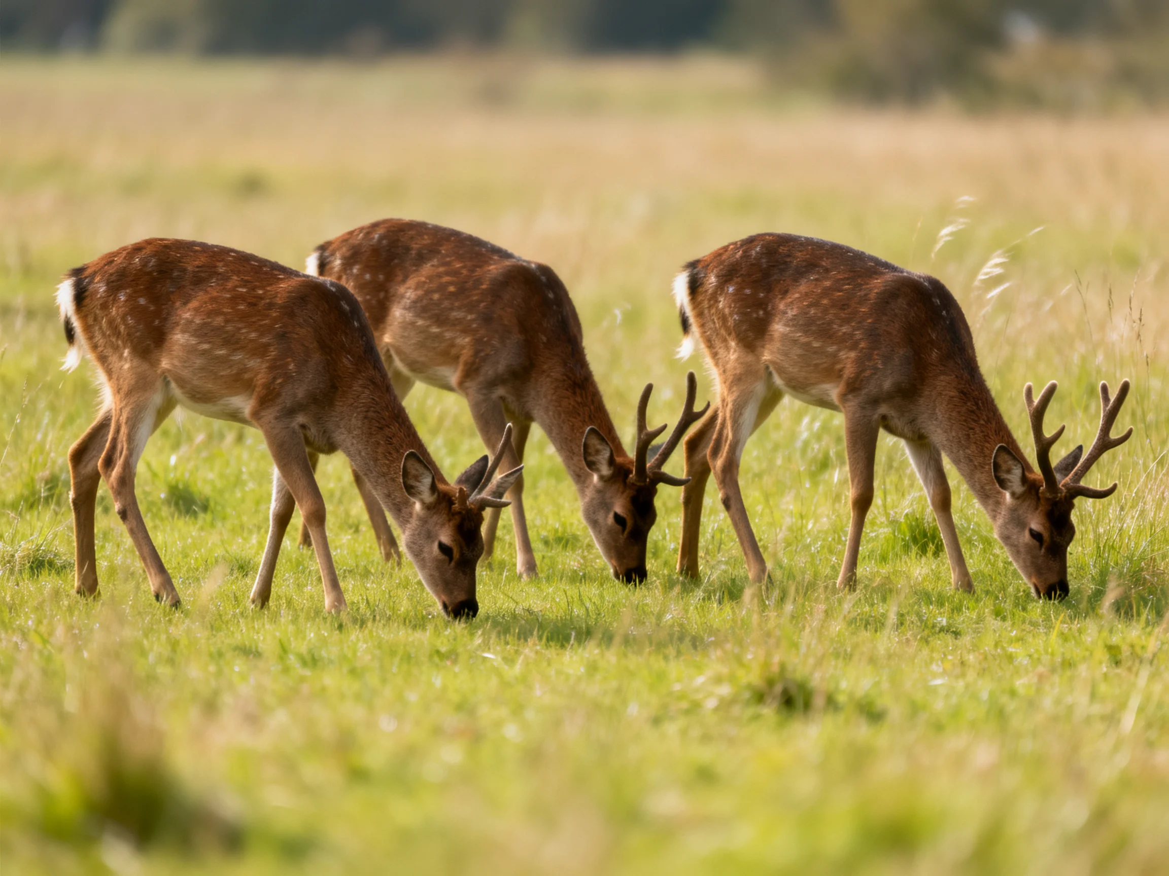 Three deer graze in a sunlit meadow.