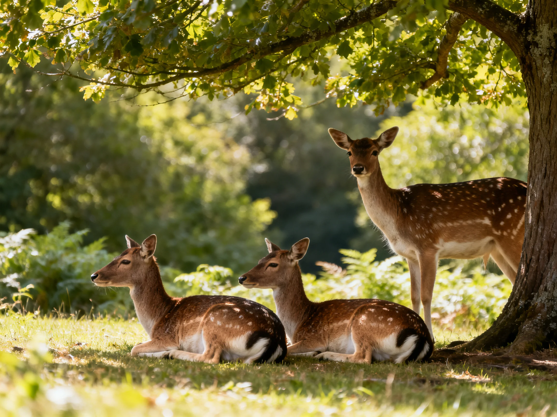 Three deer rest and stand near a tree in a sunlit forest clearing.