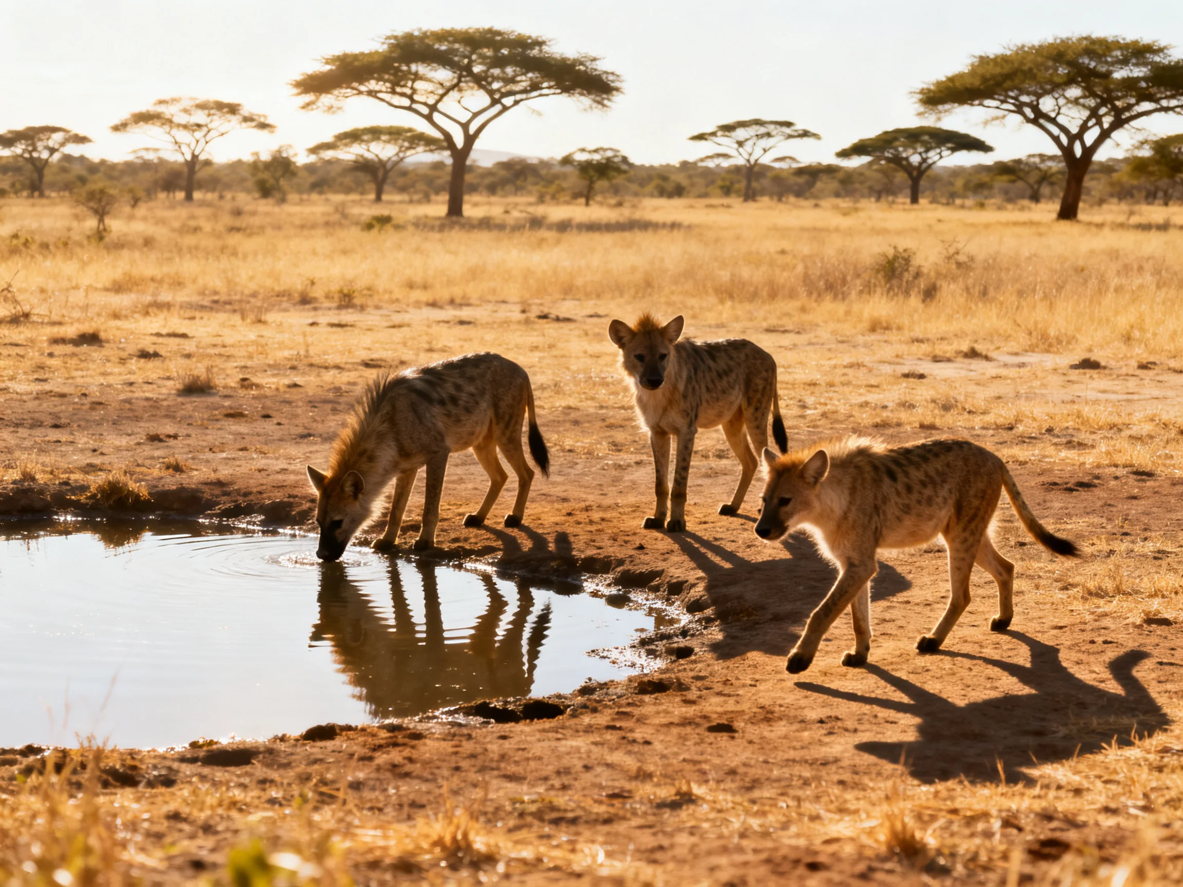 Three spotted hyenas near a water hole in golden savannah