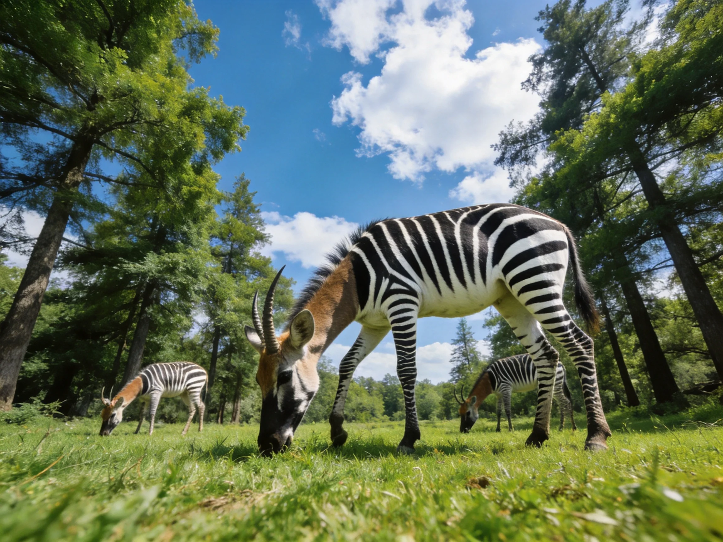 Three striped antelope-like animals graze in a lush forest clearing