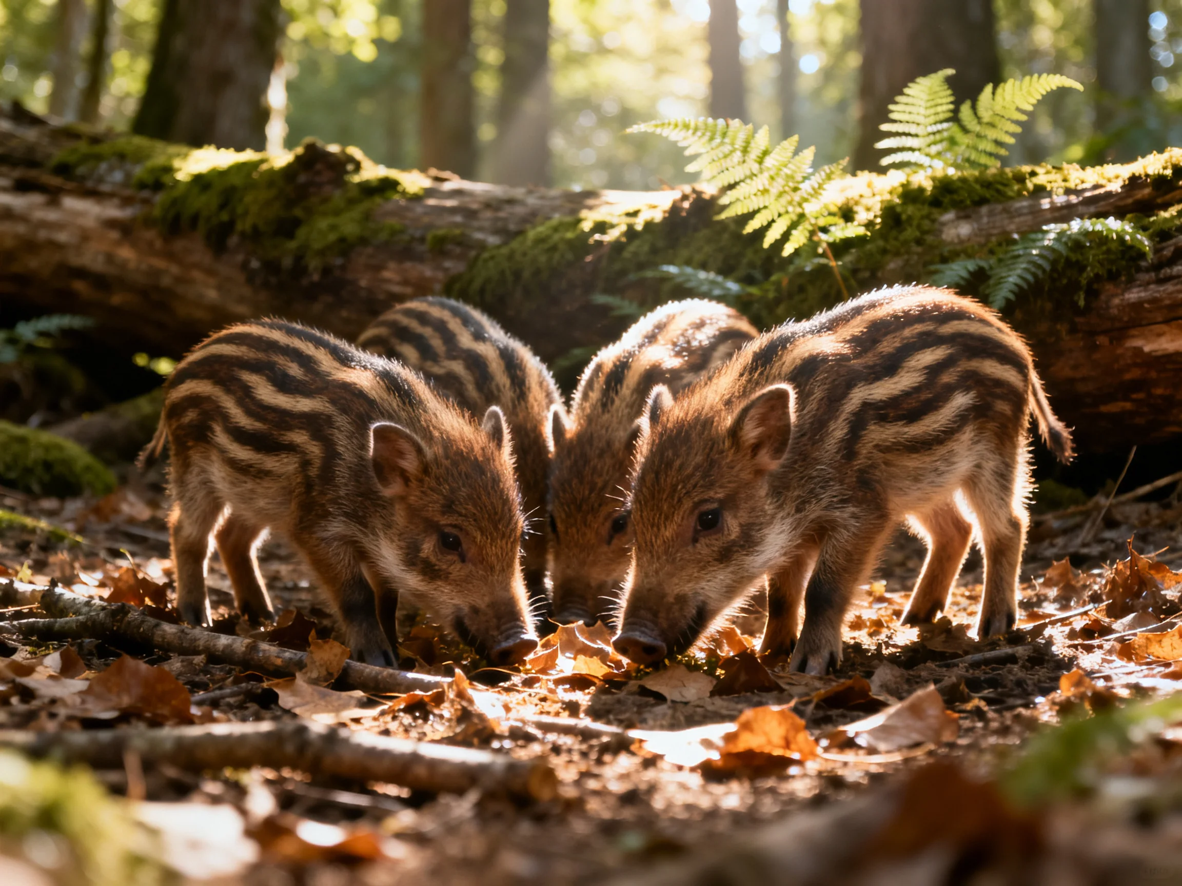 Three young boars explore the forest floor together.