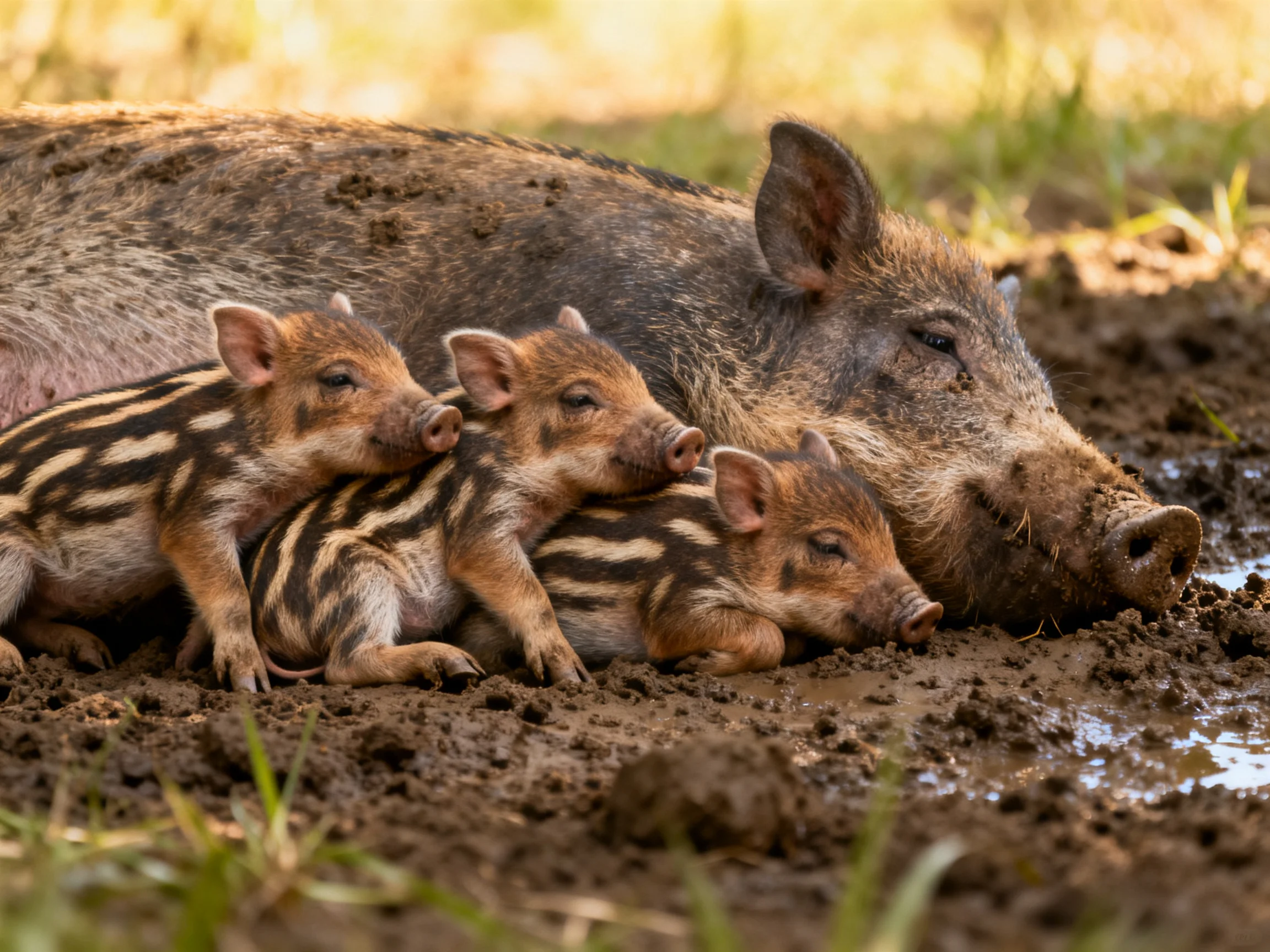Three striped piglets rest near an adult boar in muddy terrain.