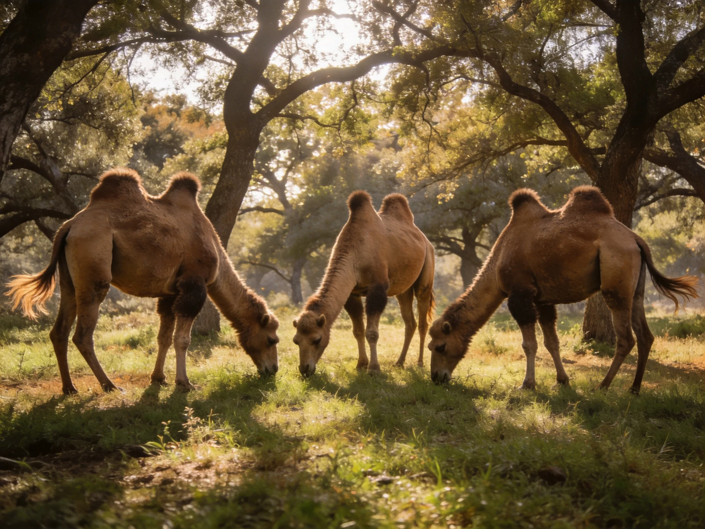 Three tan Bactrian camels graze in a sunlit wooded area
