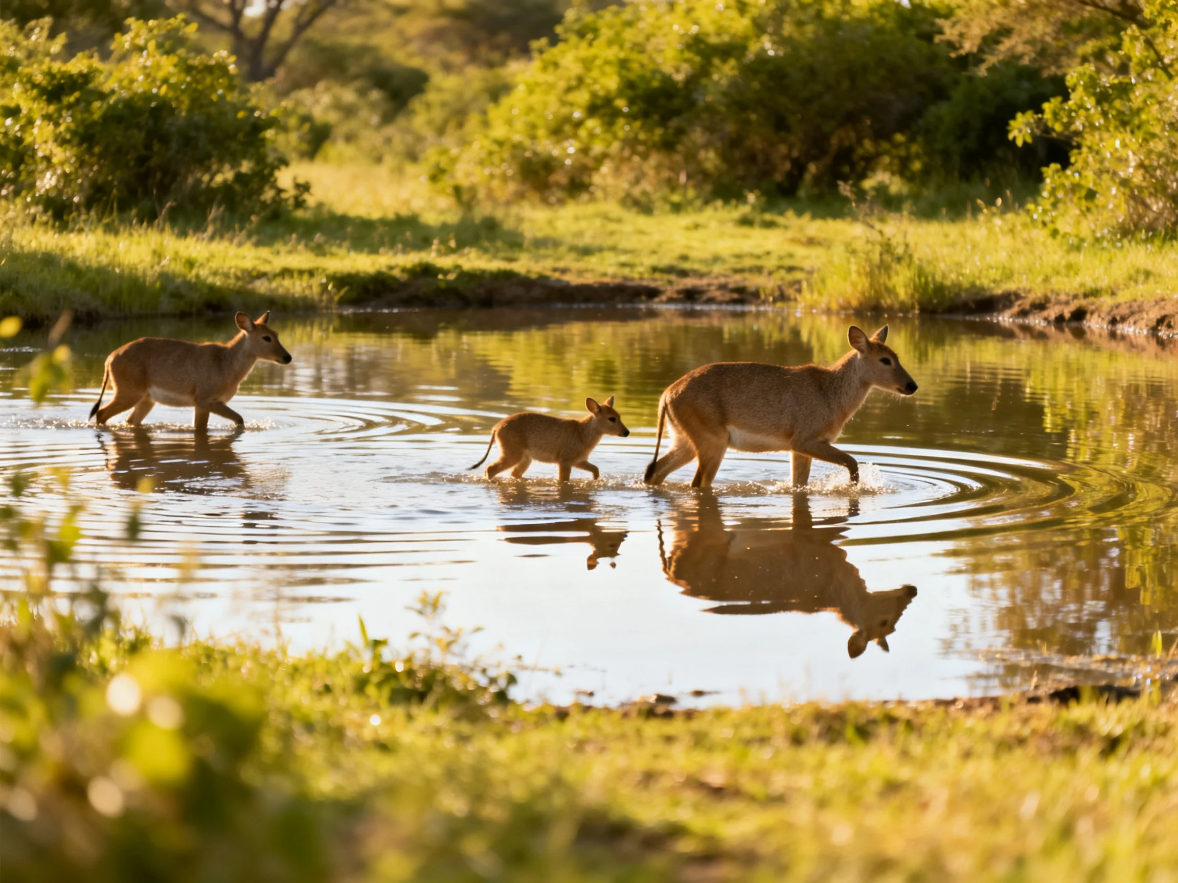 Three tan antelopes wade through a sunlit shallow stream