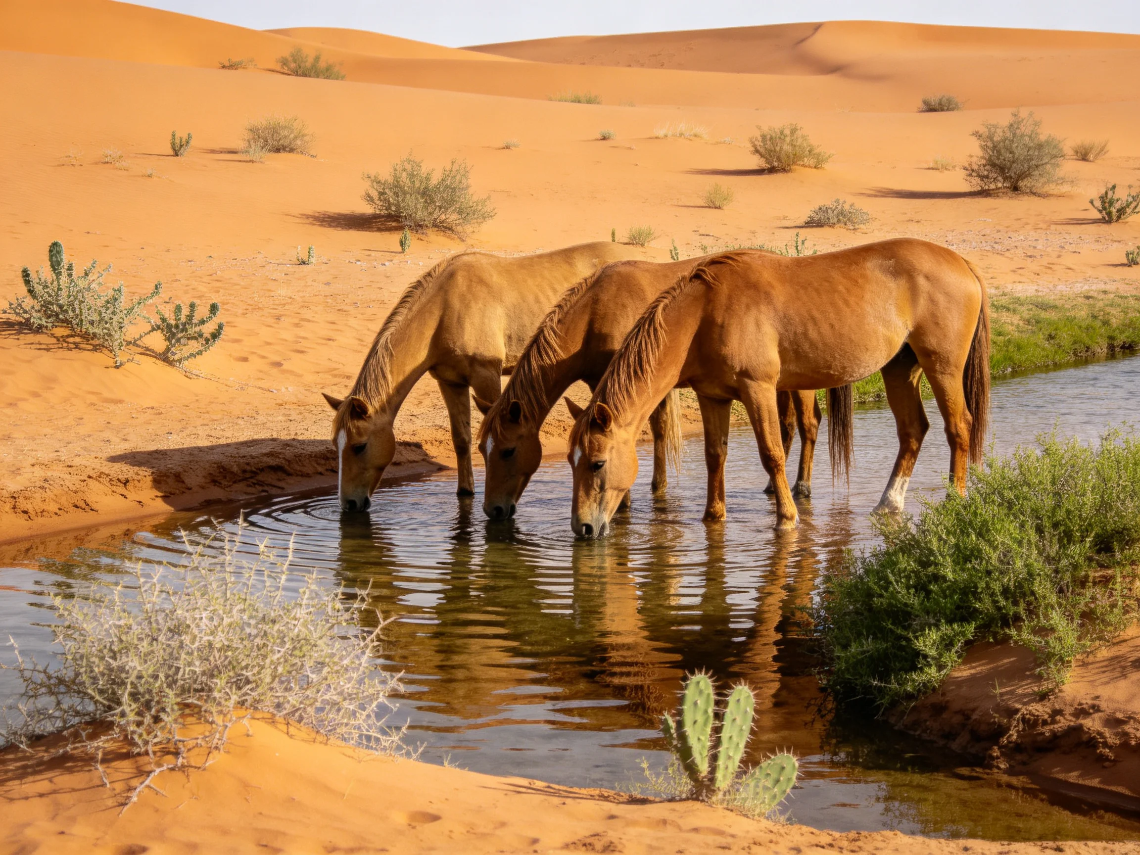 Three horses drink water near golden sand dunes and sparse vegetation.