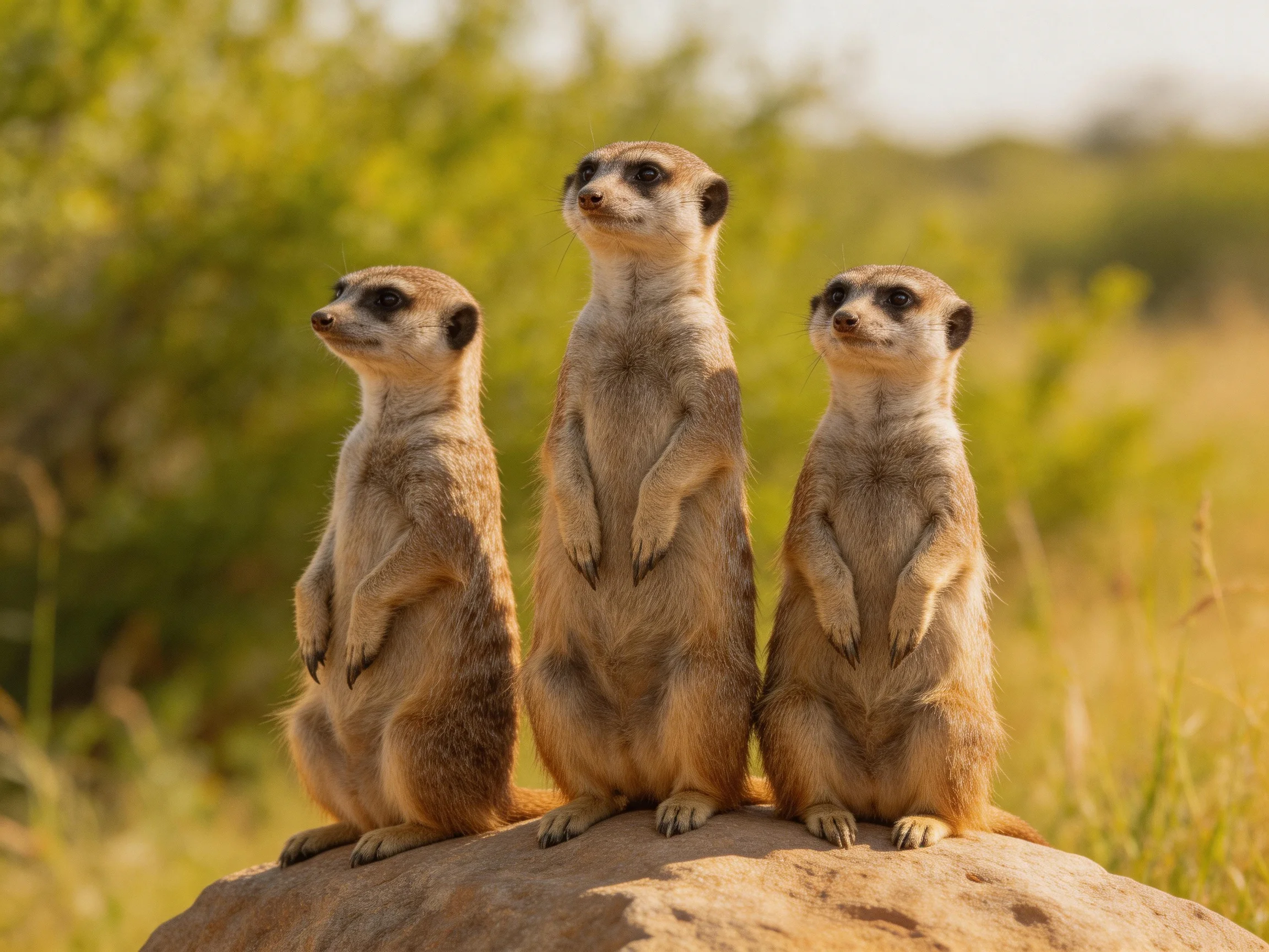 Three tan meerkats stand alert on a sunlit savannah rock
