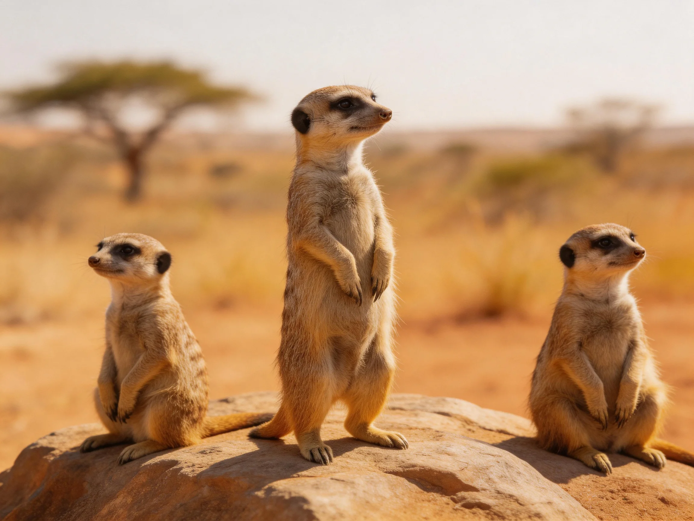 Three tan meerkats stand watch on a rocky outcrop in a golden savannah.