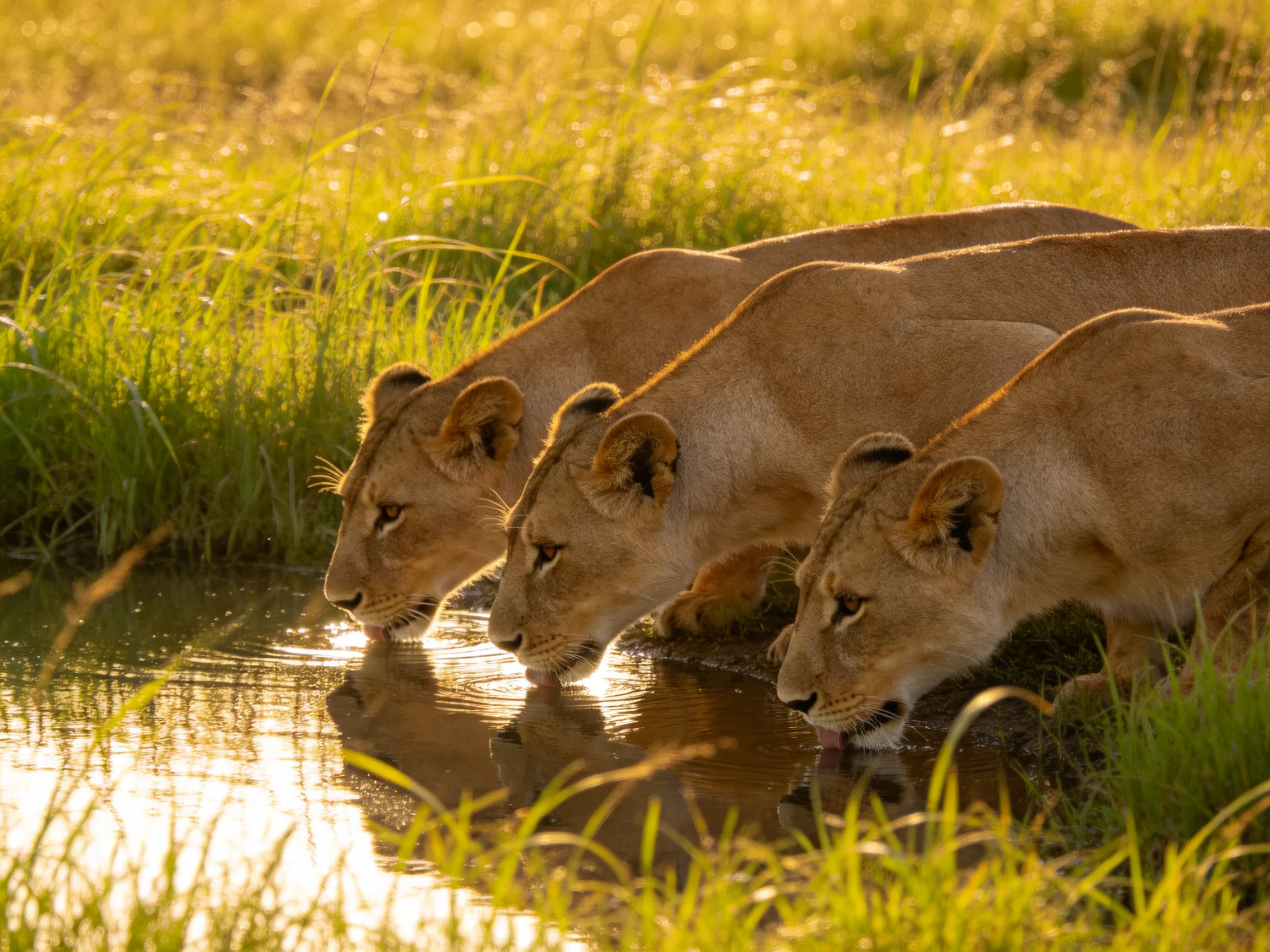 Three tawny lionesses drink from a sunlit watering hole