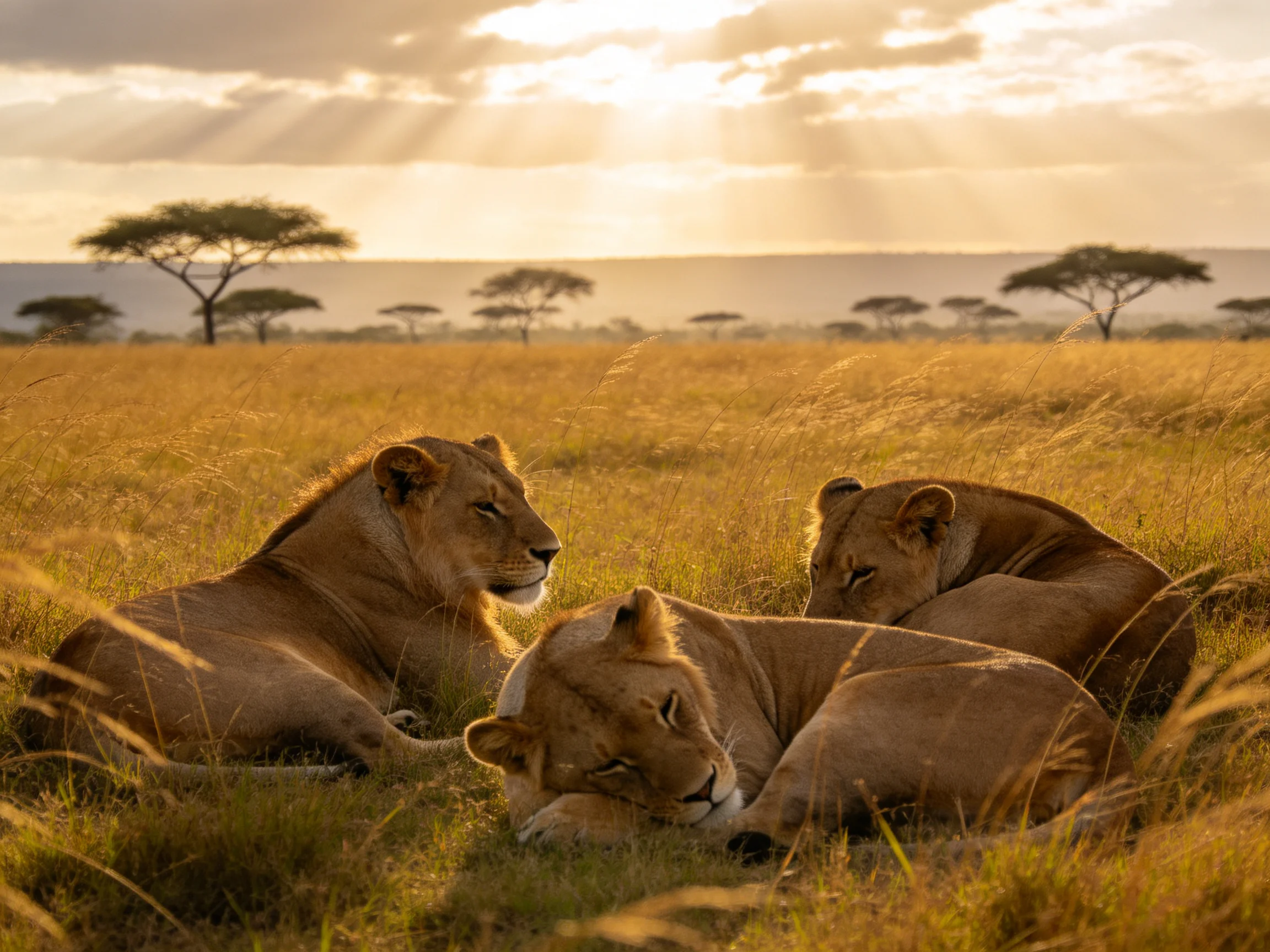 Three tawny lionesses rest in a golden savannah landscape.