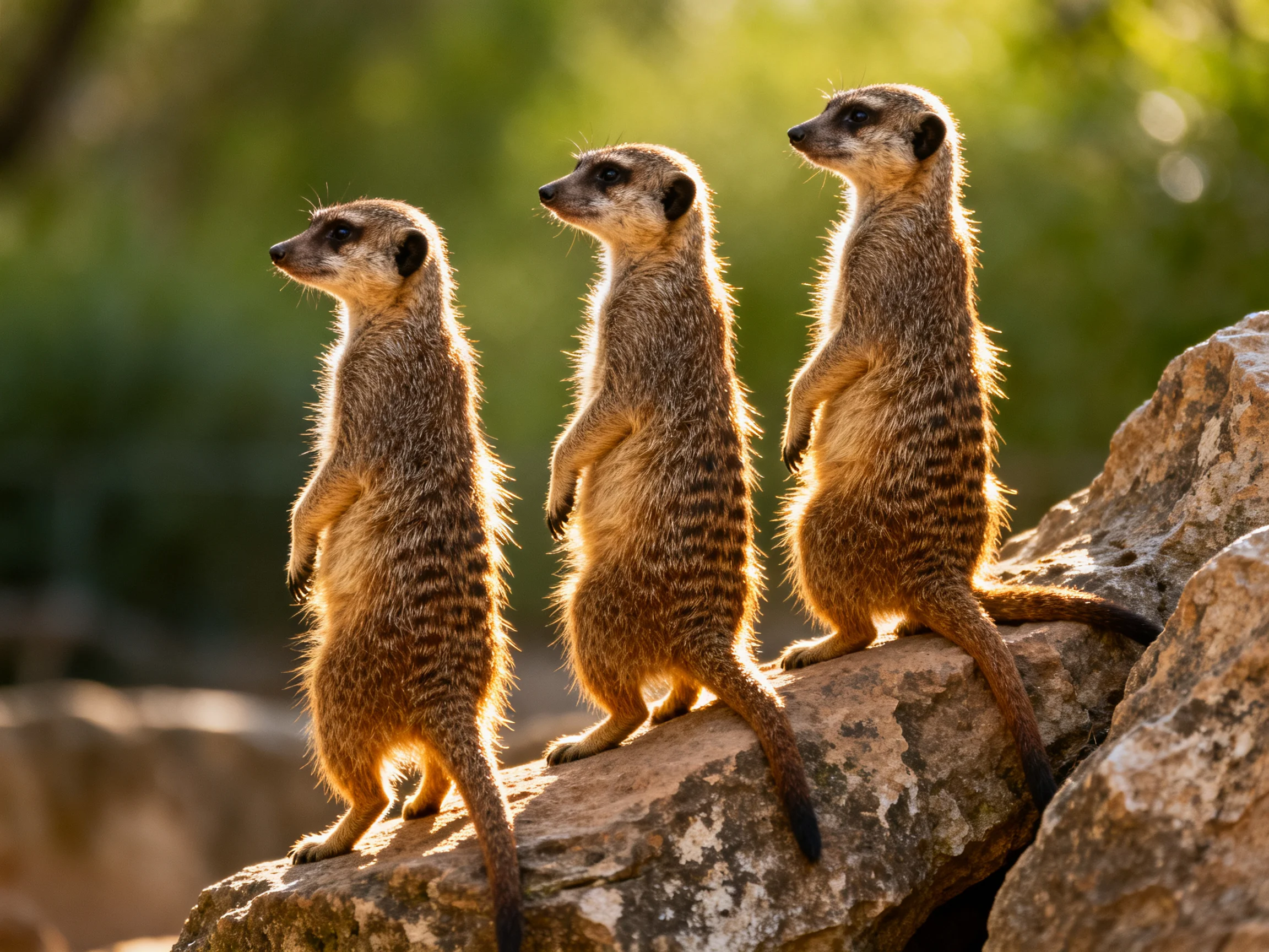 Three vigilant meerkats stand on textured rocks in golden light