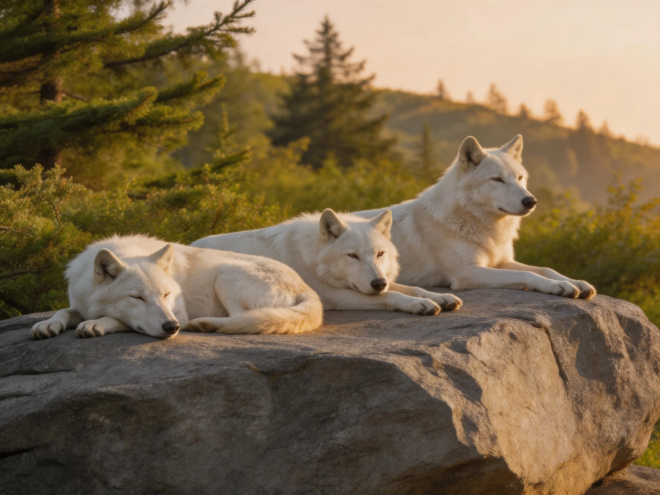 Three white wolves lounge on a large gray rock amid greenery