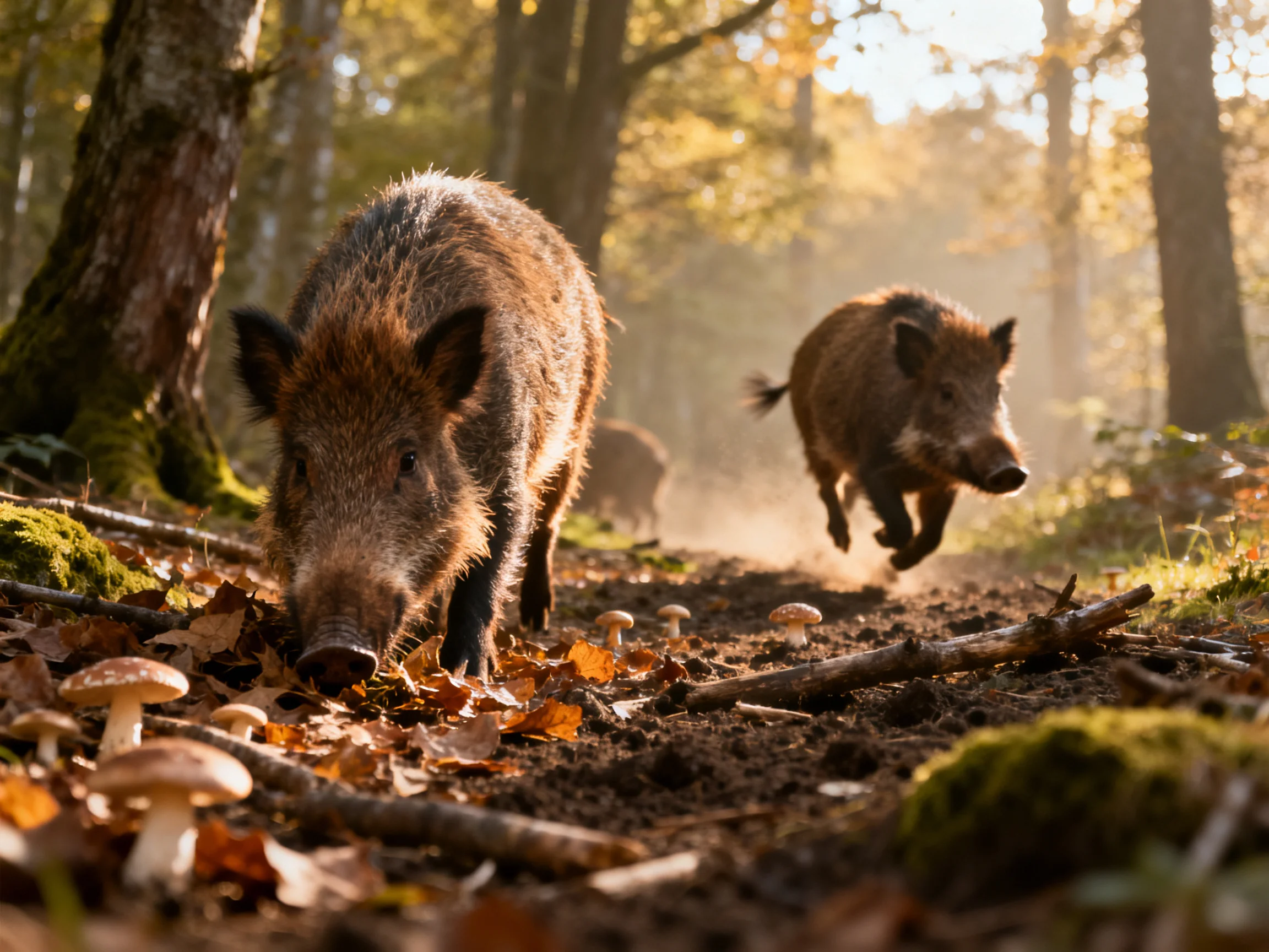 Three wild boars explore a sun-dappled autumn forest with mushrooms