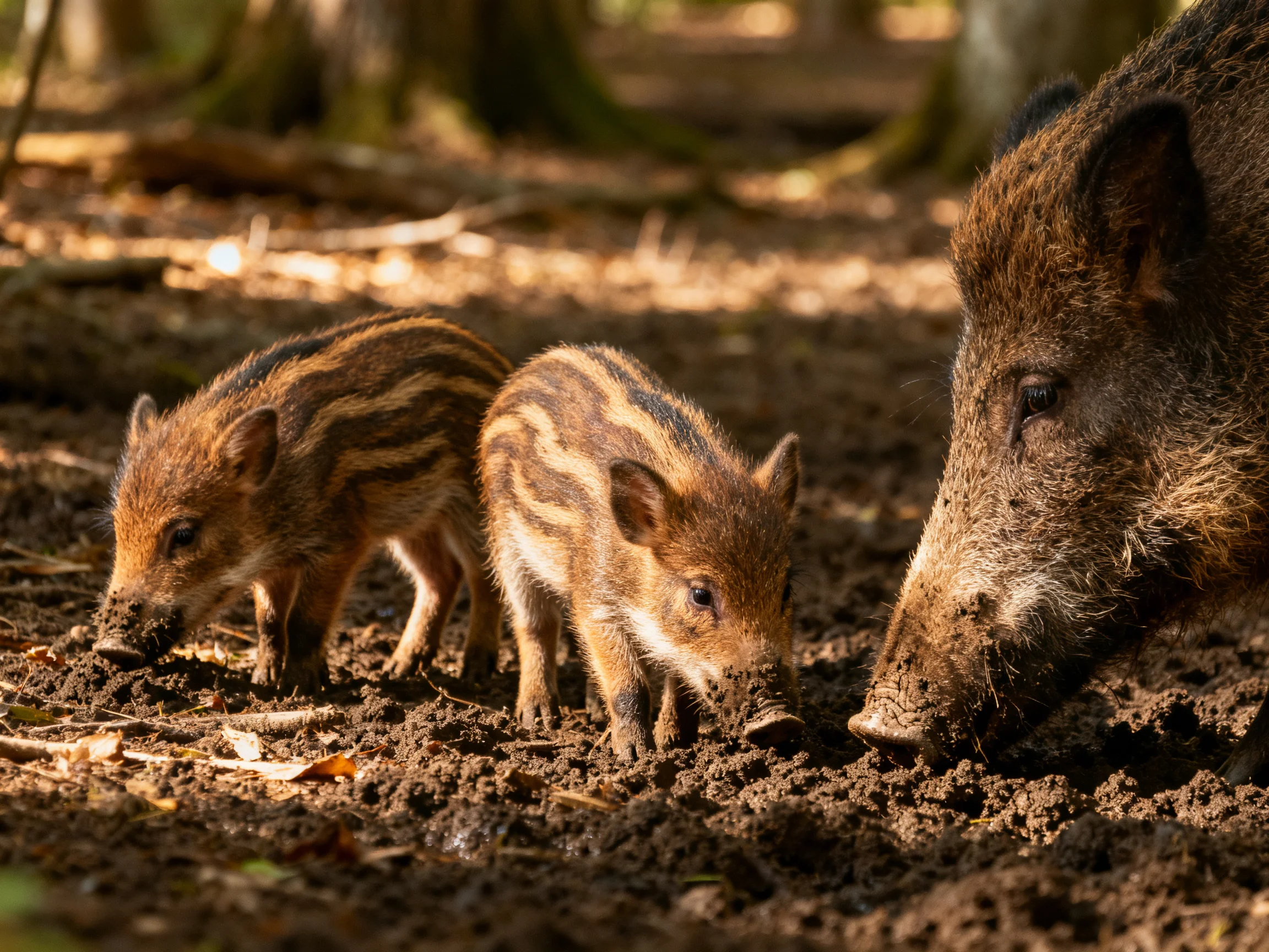 Three wild boars forage in a sun-dappled forest clearing