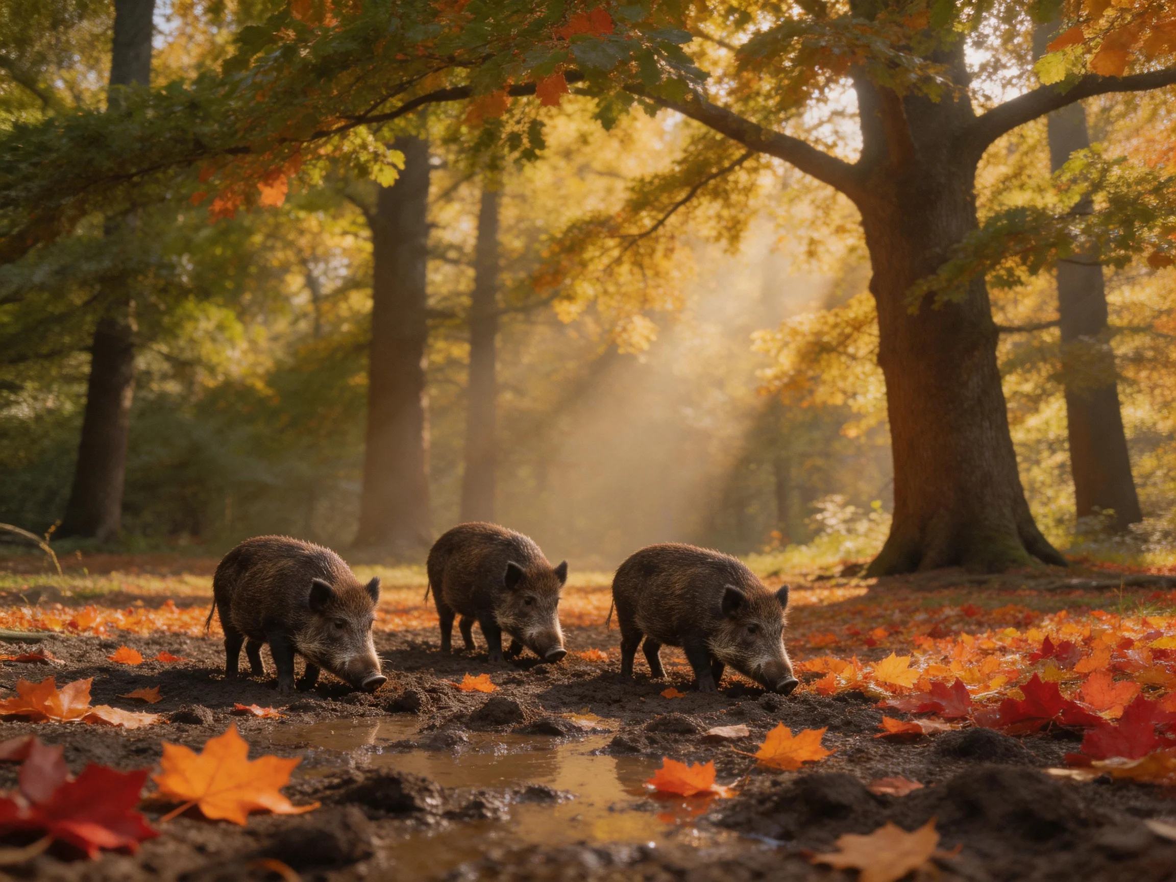 Three wild boars forage in an autumn forest with golden foliage