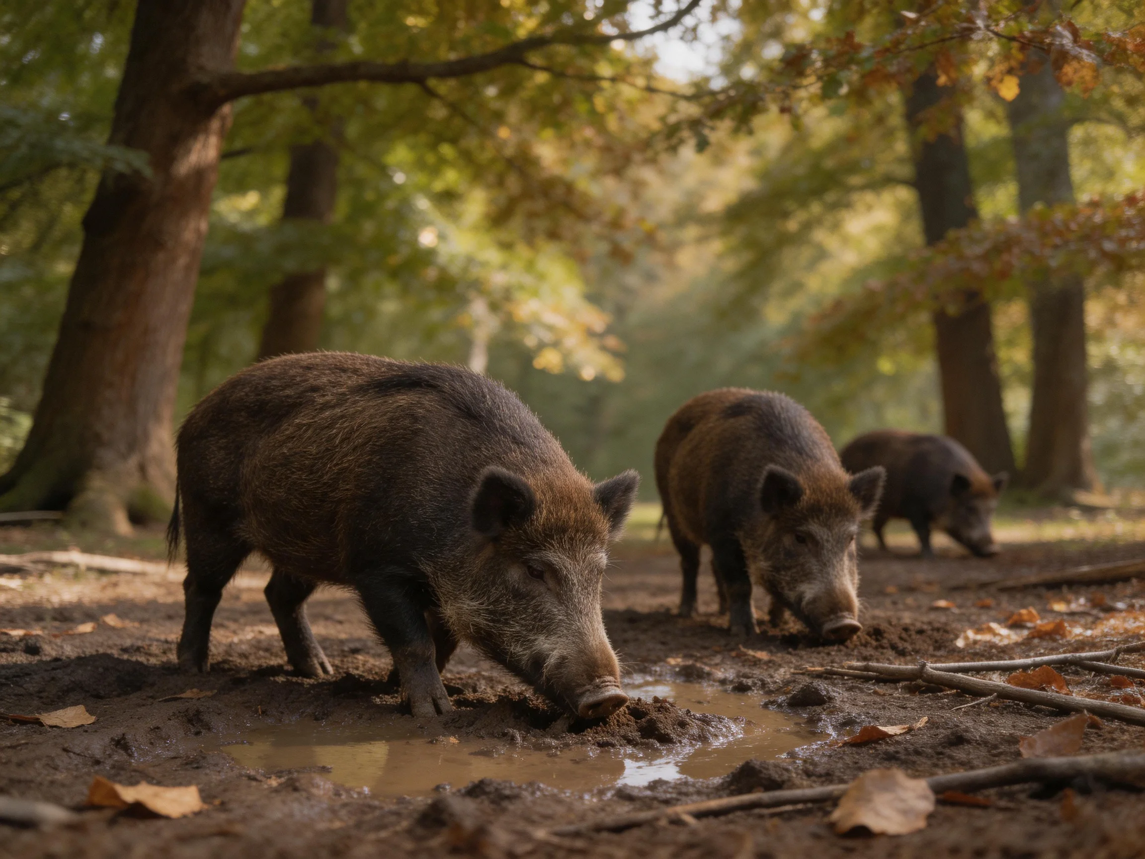 Three wild boars foraging in a sun-dappled forest clearing
