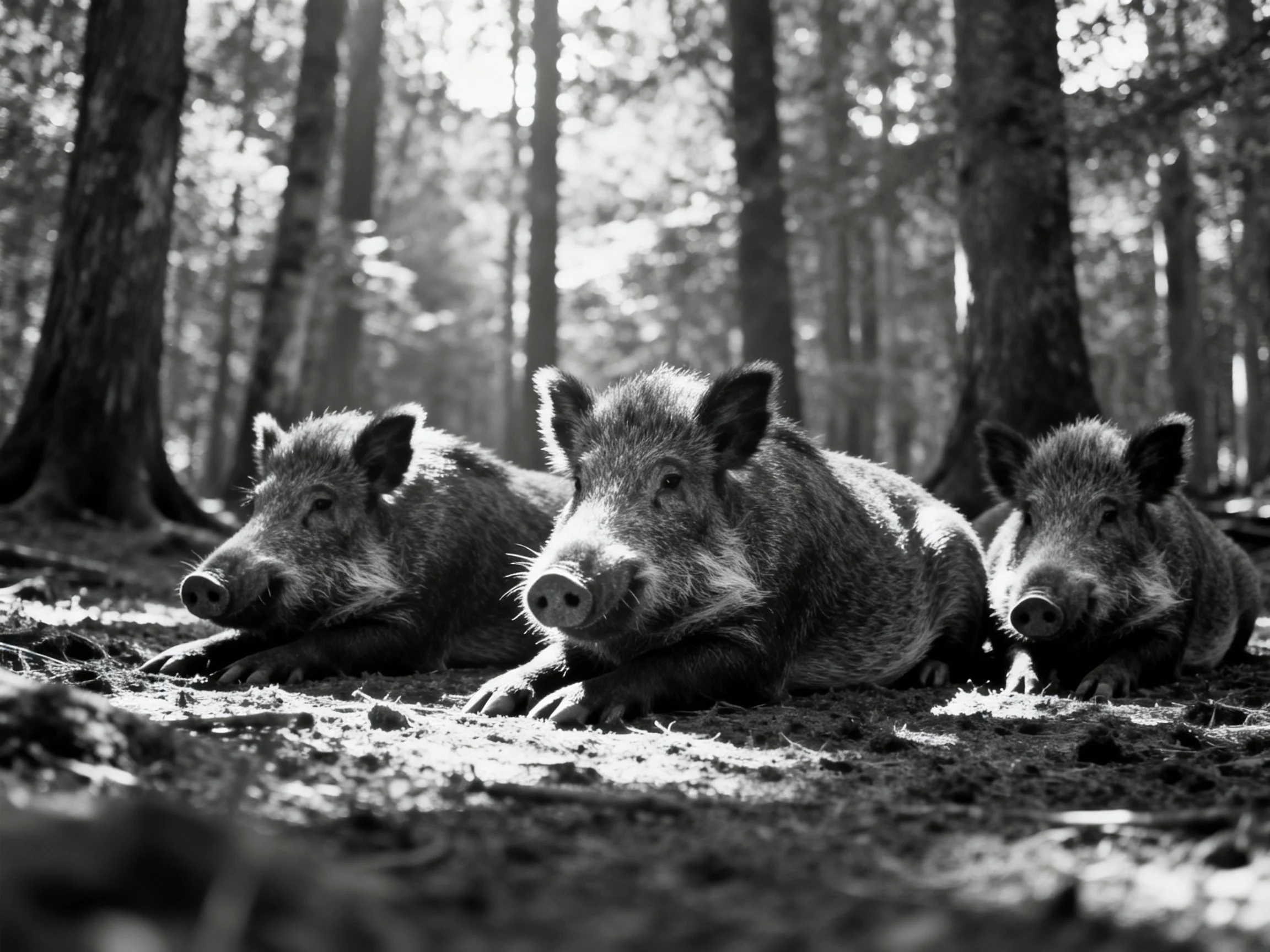 Three wild boars rest in a sun-dappled forest clearing