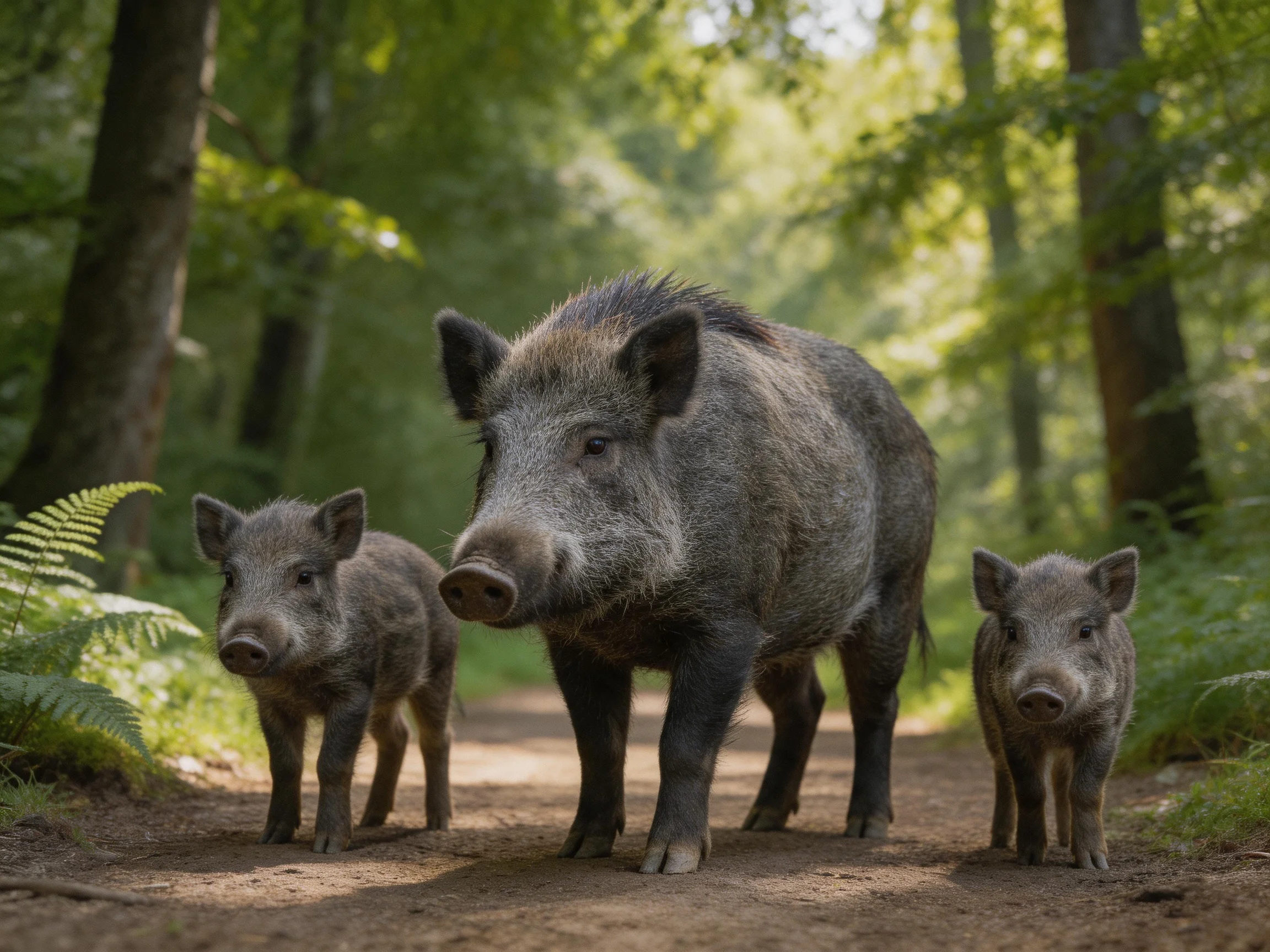 Three wild boars walk along a sunlit forest trail