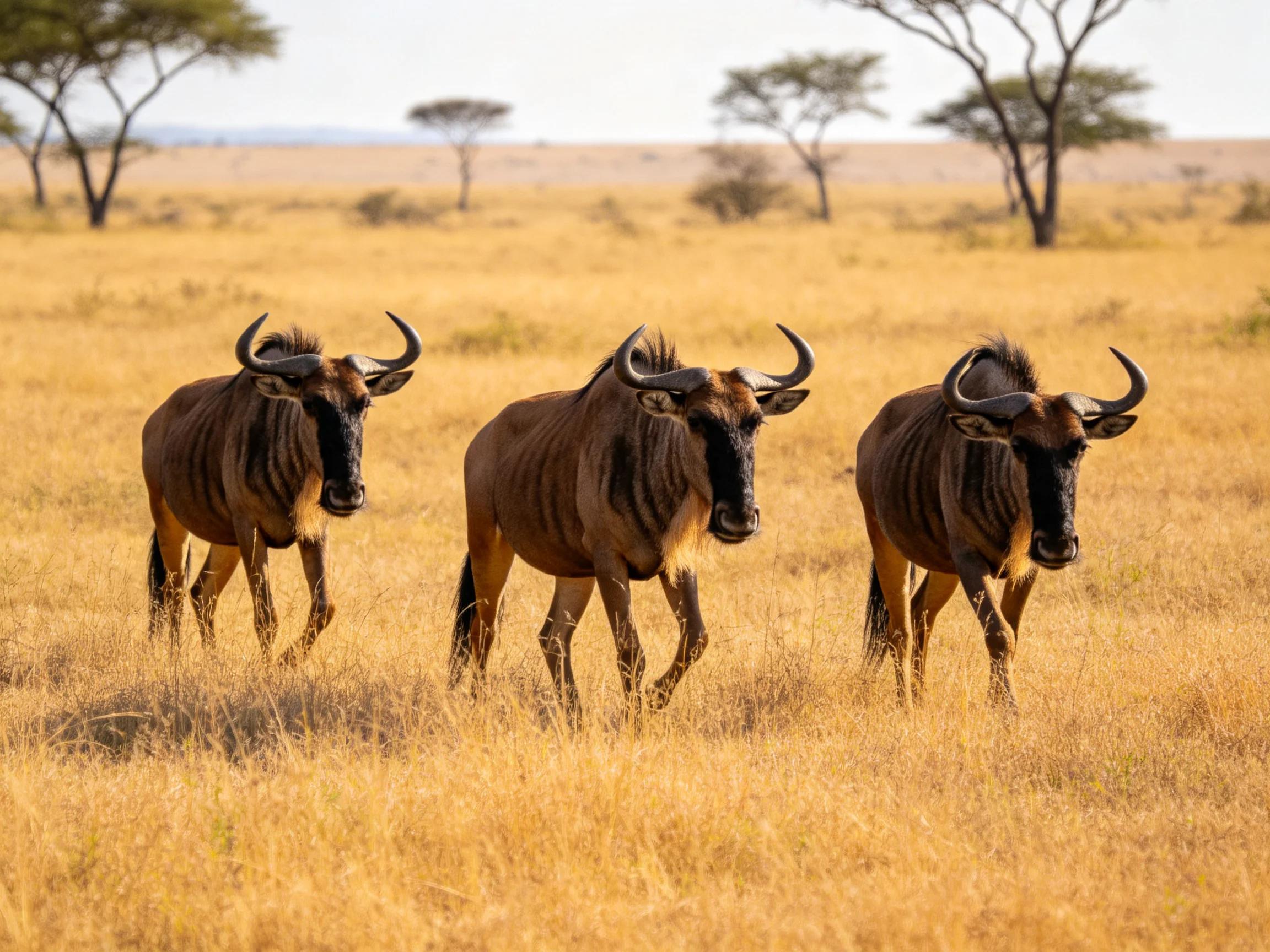 Three wildebeests traverse a golden savannah with scattered acacia trees
