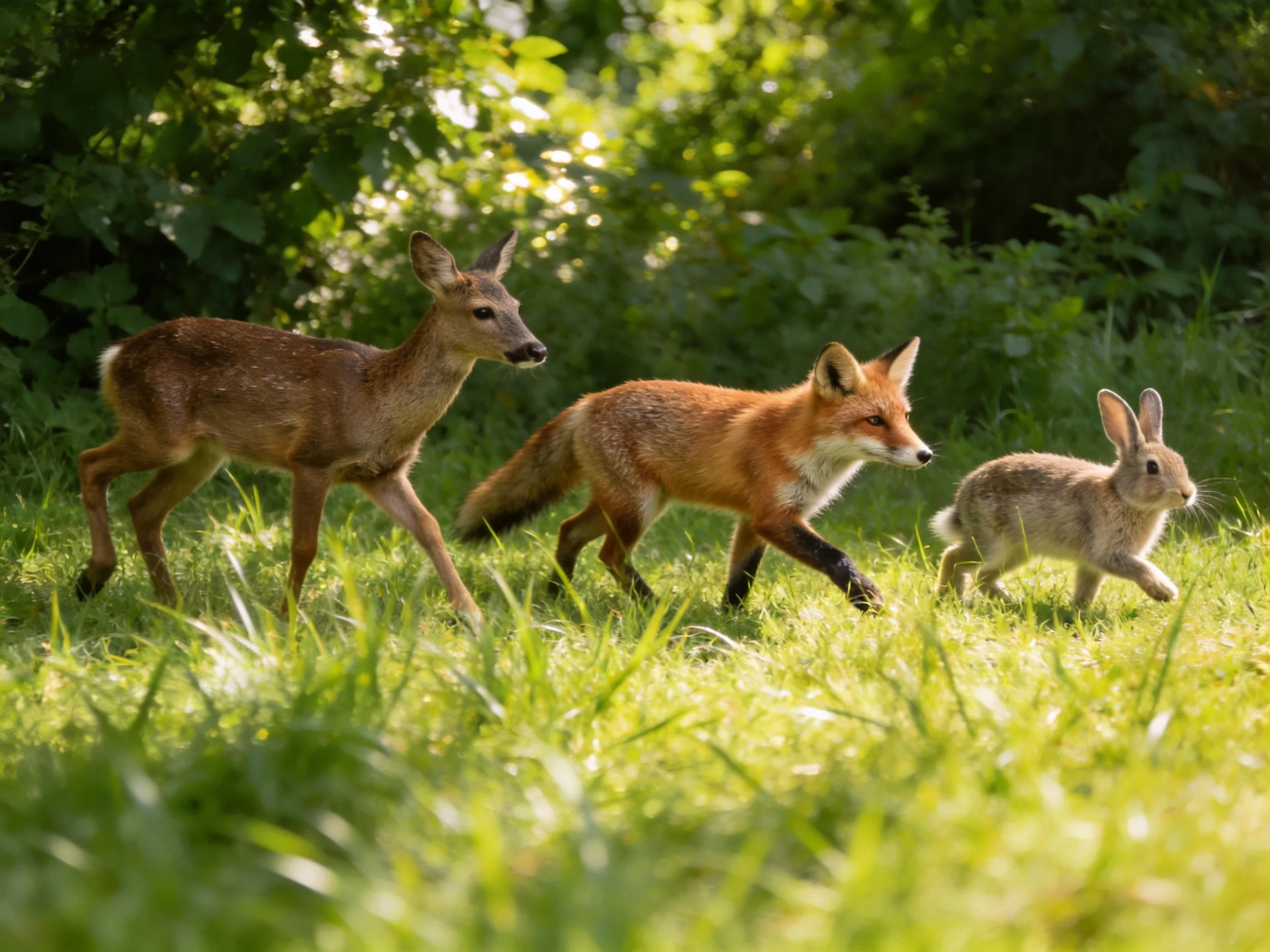 Three wildlife animals roam a sunlit green meadow