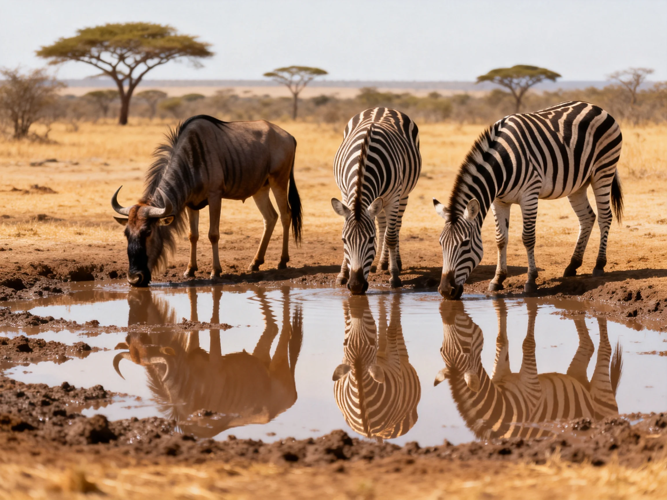 Three wildlife species drink from a muddy waterhole in a dry savannah