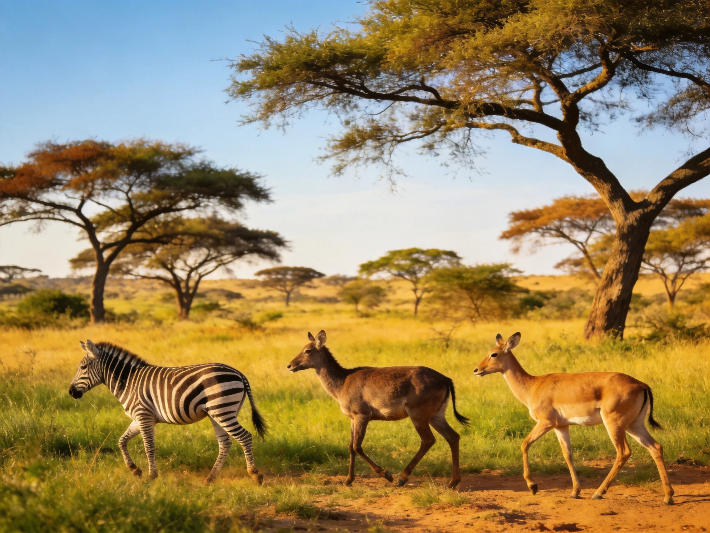 Three wildlife species move through a sunlit savannah landscape.