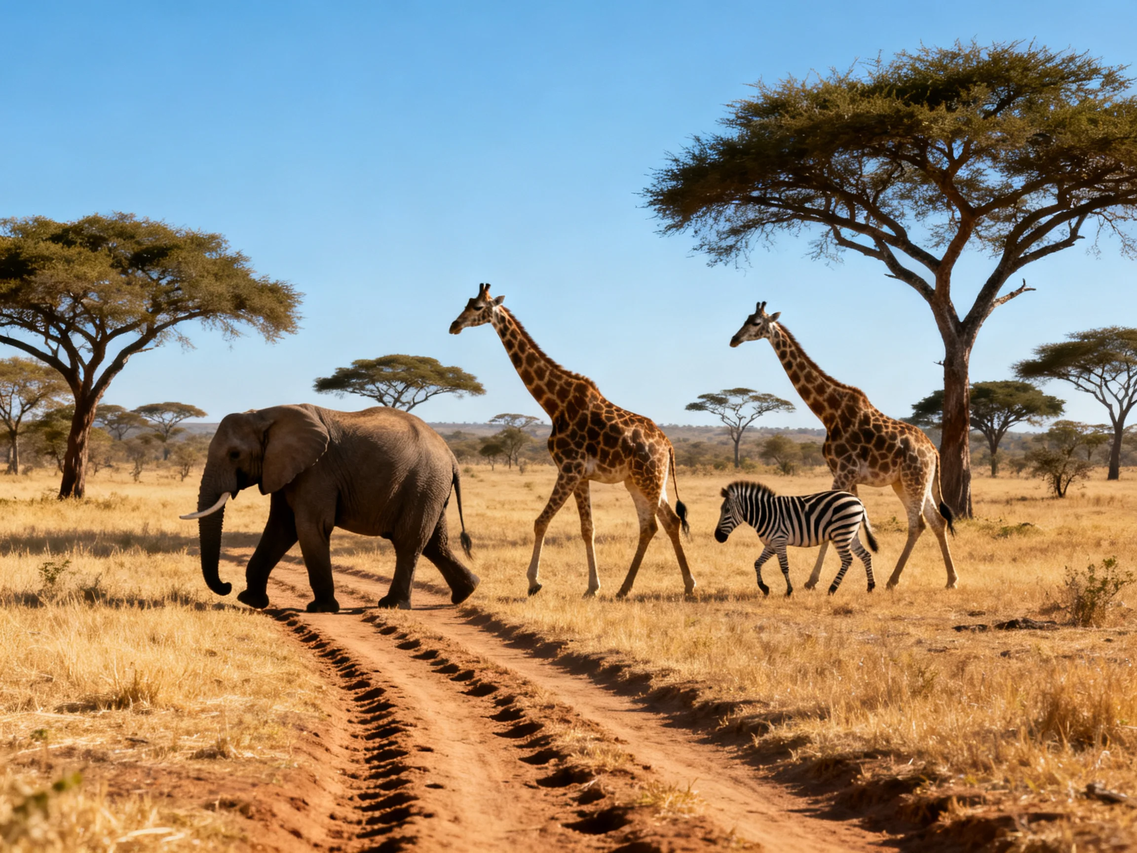 Wildlife including an elephant, giraffes, and a zebra cross a savannah dirt path.