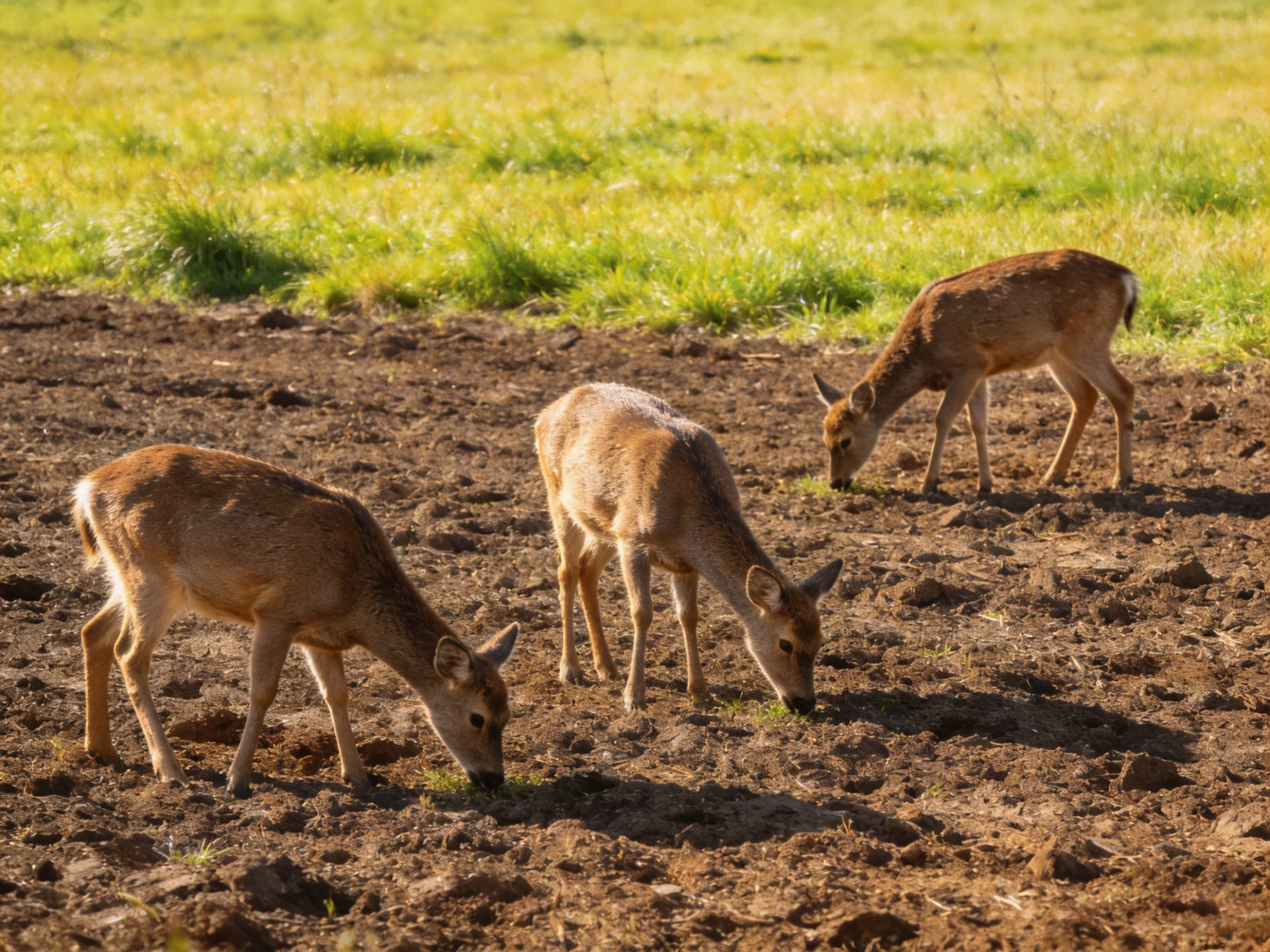 Three young deer graze in a sunlit dirt field with green grass