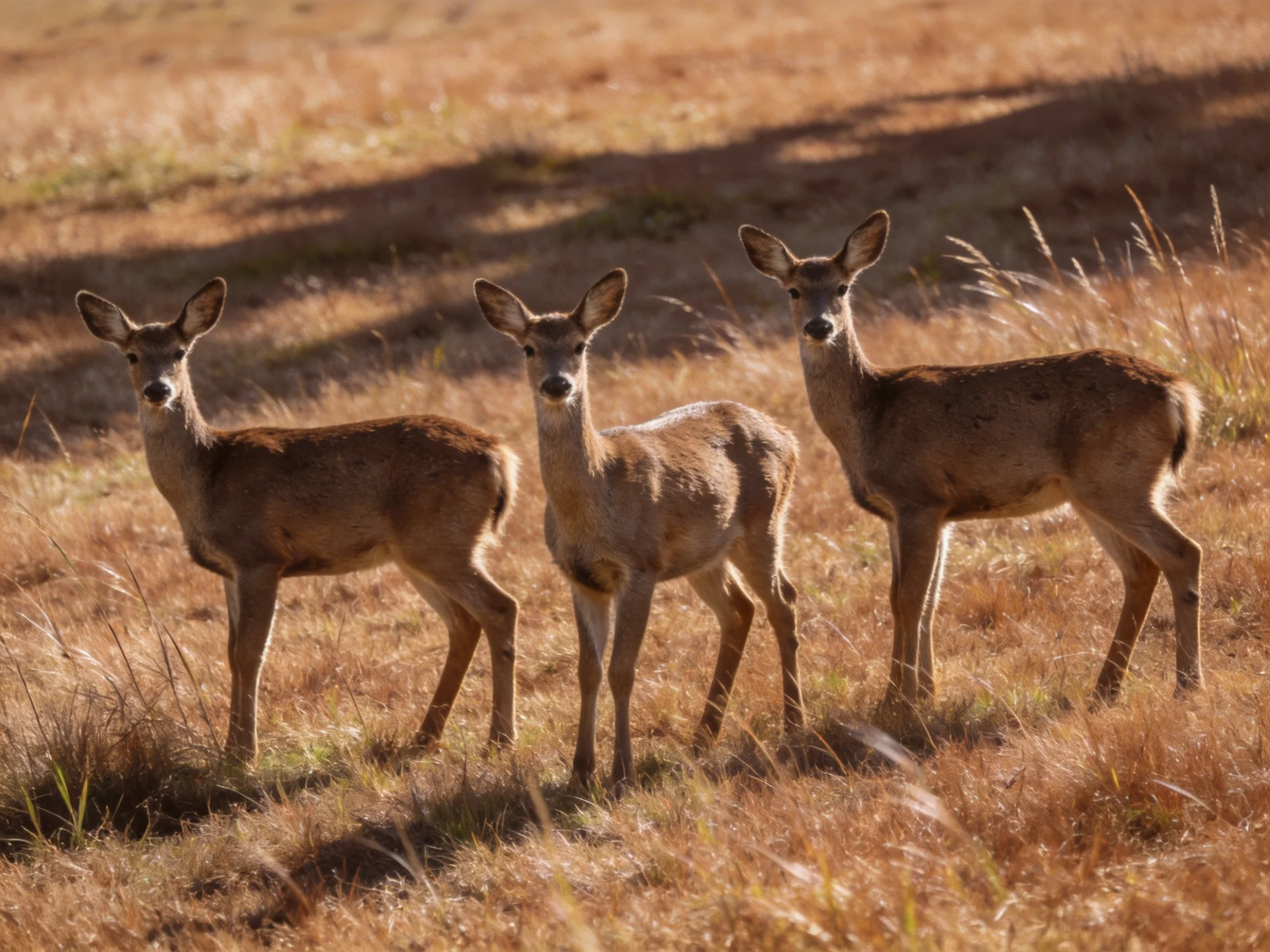 Three young deer stand in a golden-hued grassy meadow