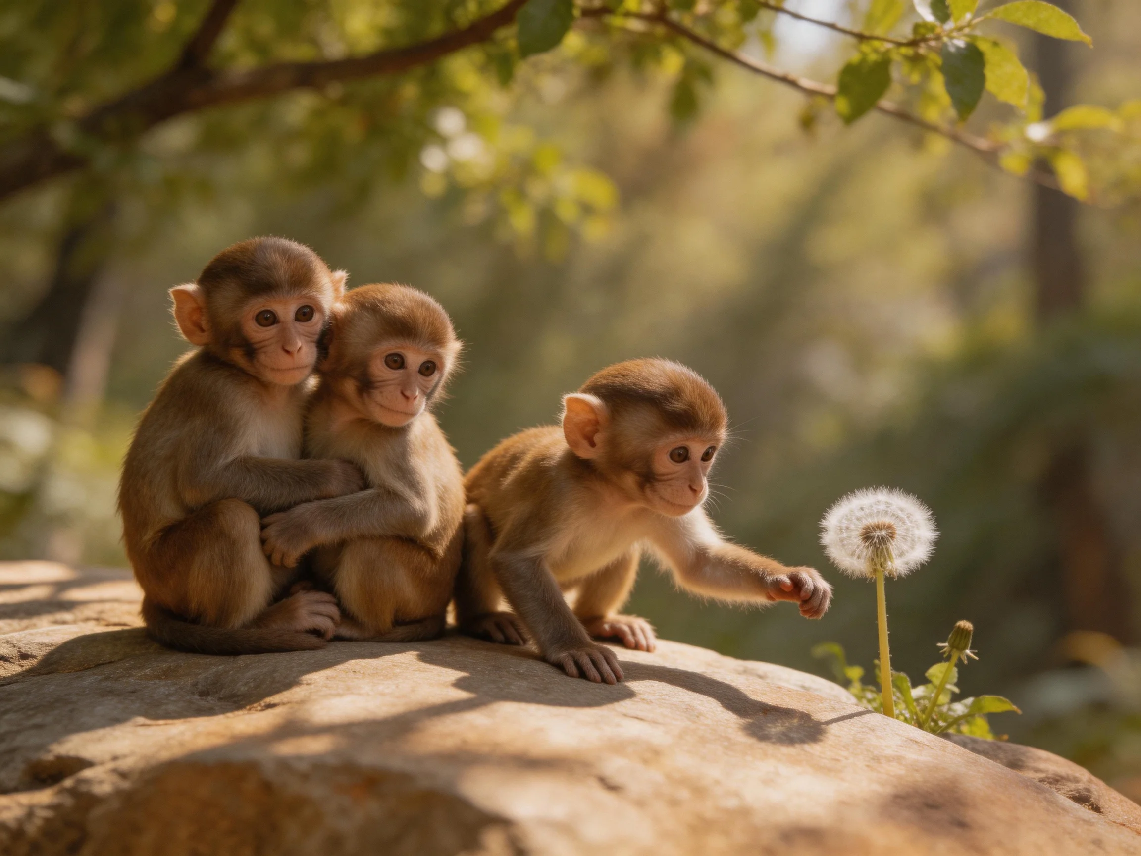 Three young monkeys near a white dandelion on a sunlit rock