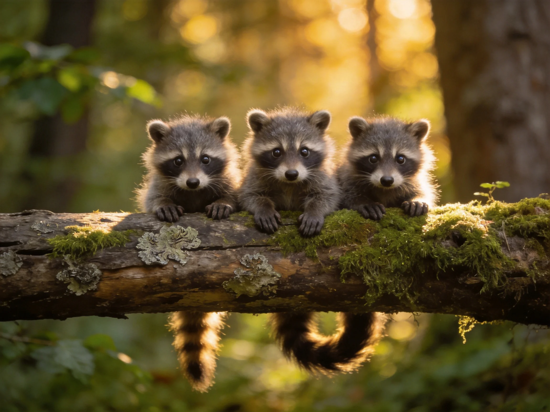 Three young raccoons rest on a moss-laden tree branch