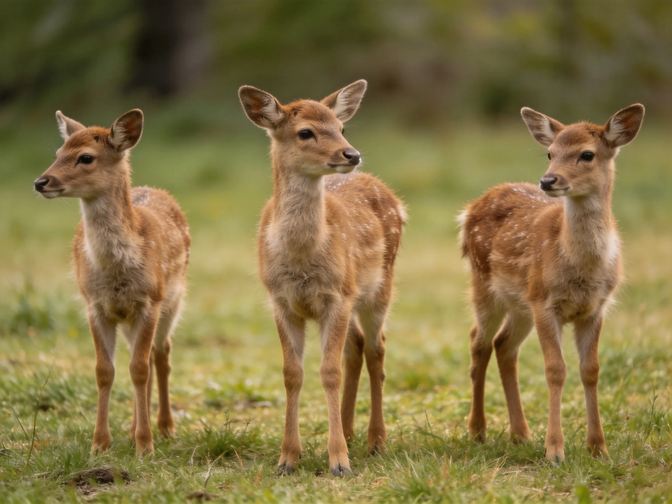 Three young spotted deer gather in a green meadow.