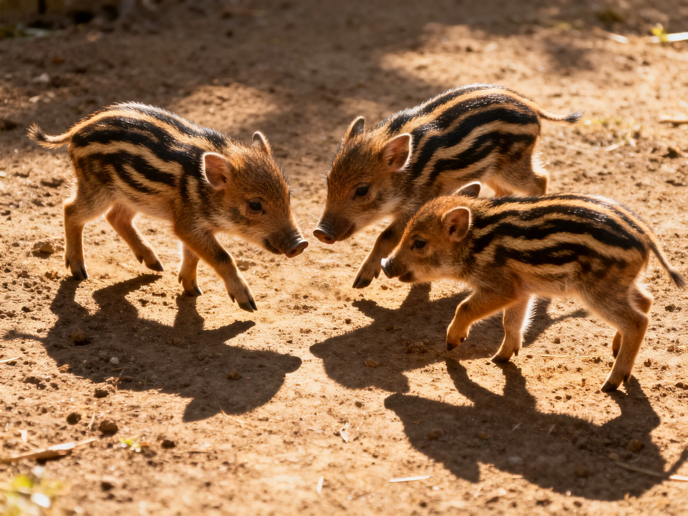 Three young striped piglets explore a sunlit dirt terrain