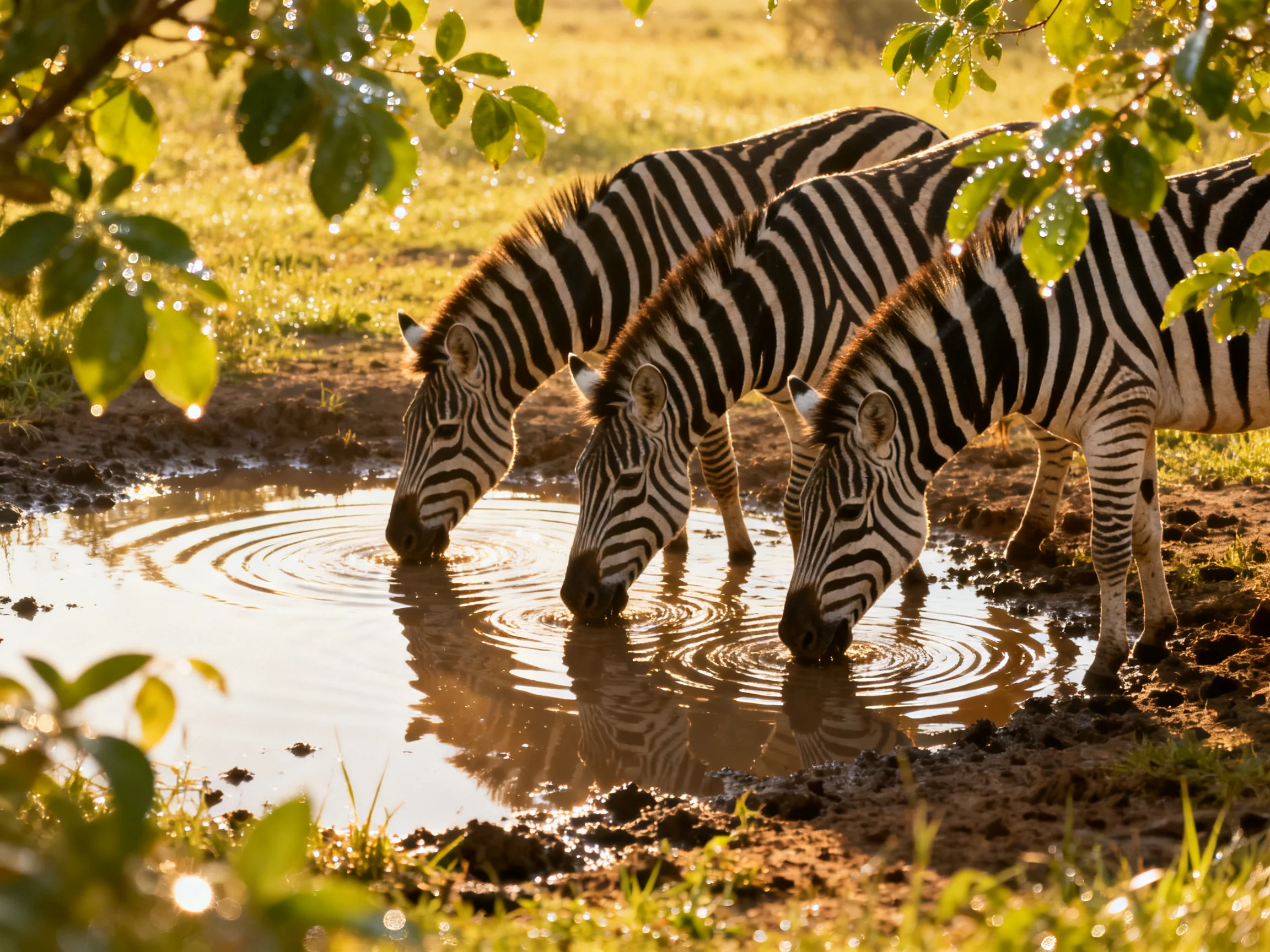 Three zebras drink from a muddy watering hole under golden sunlight