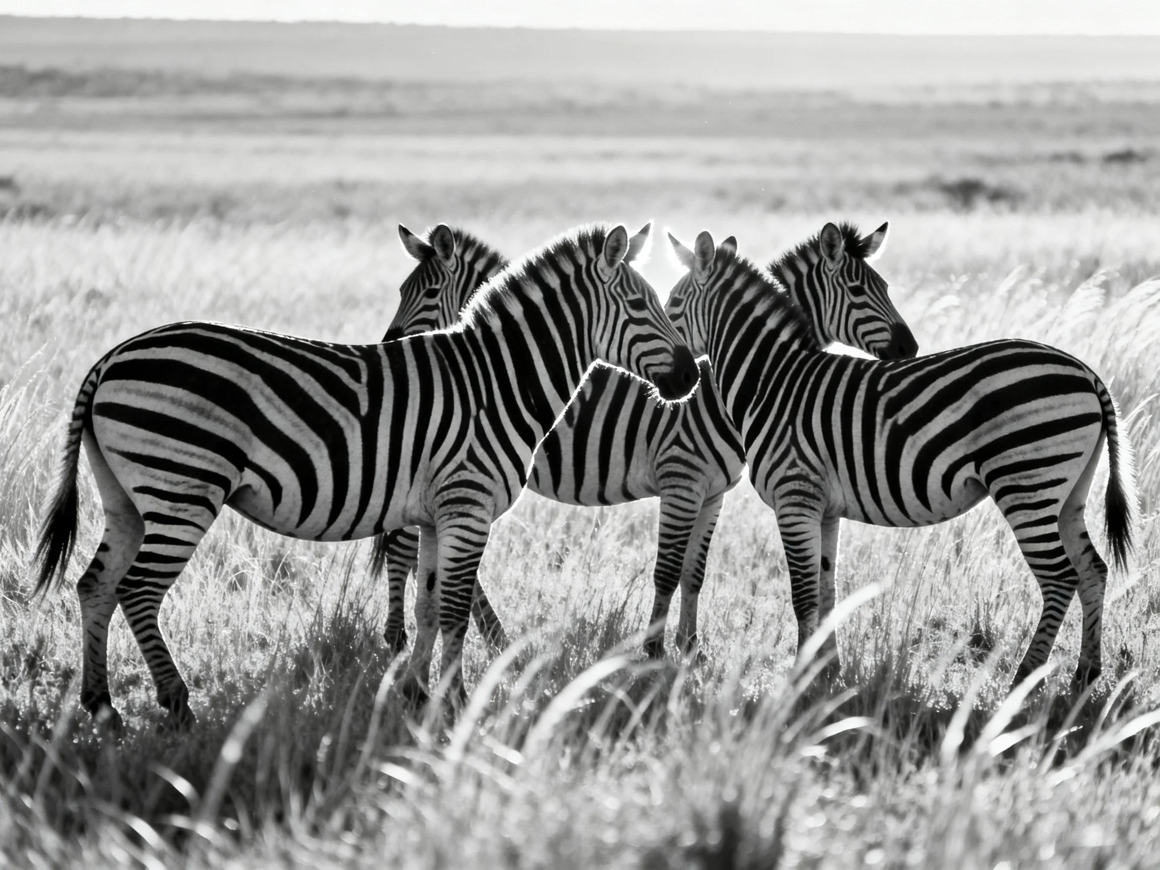 Three zebras stand closely together in a grassy savannah.