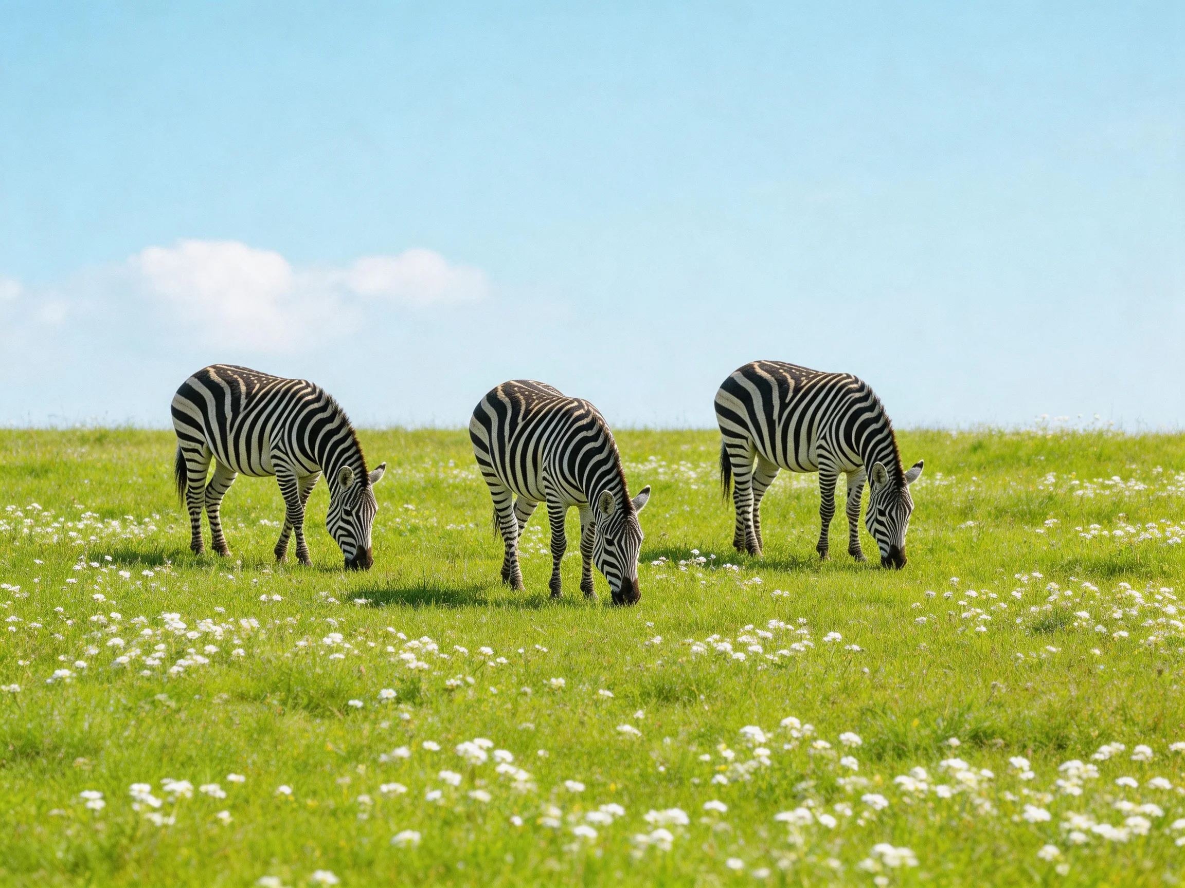 Three zebras graze in a vibrant green meadow beneath clear blue skies