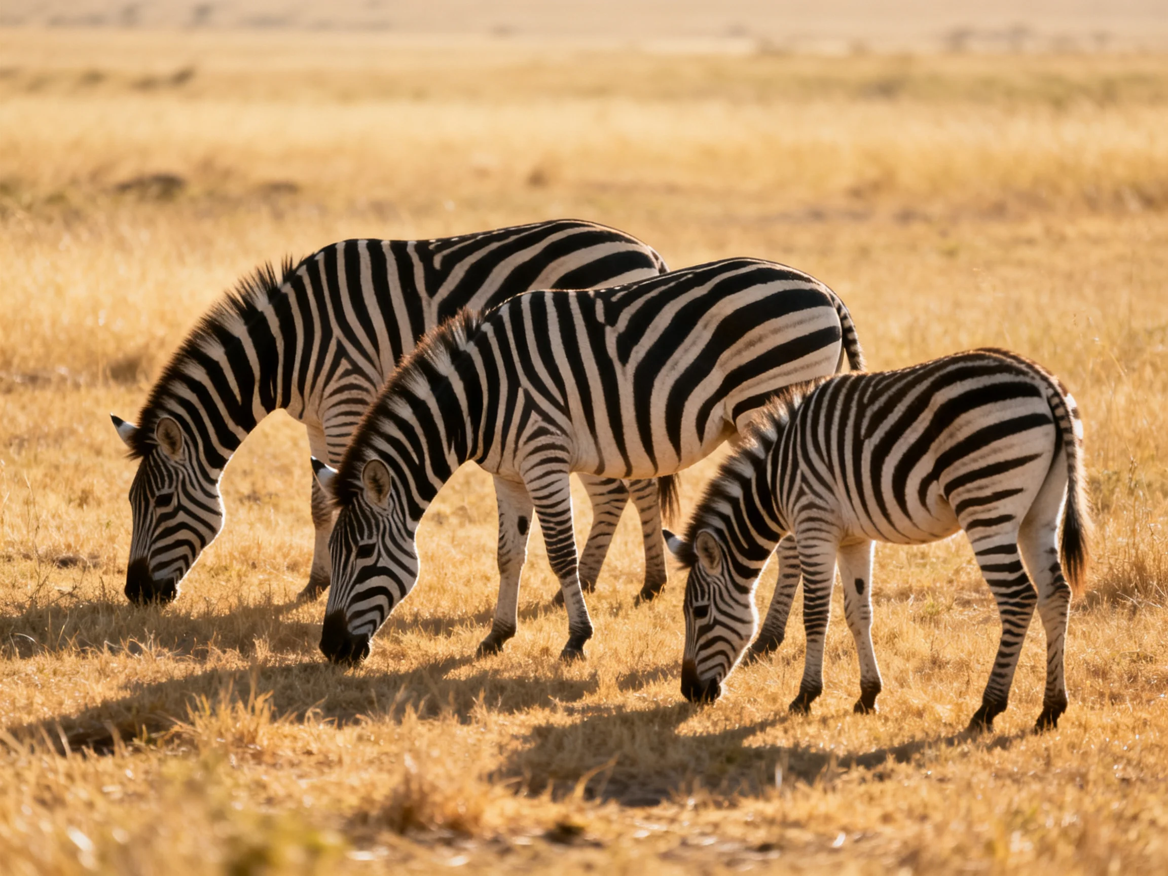 Three zebras graze in golden savannah grasslands