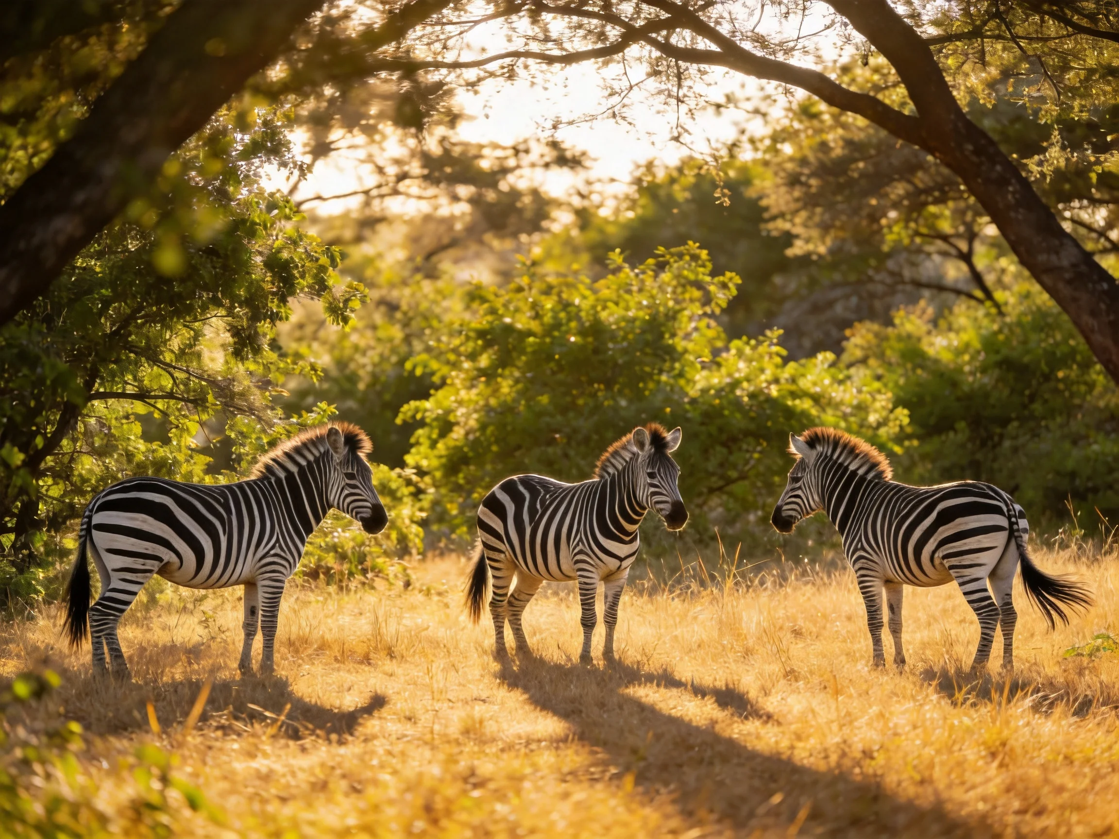 Three zebras in a sunlit savannah with lush greenery