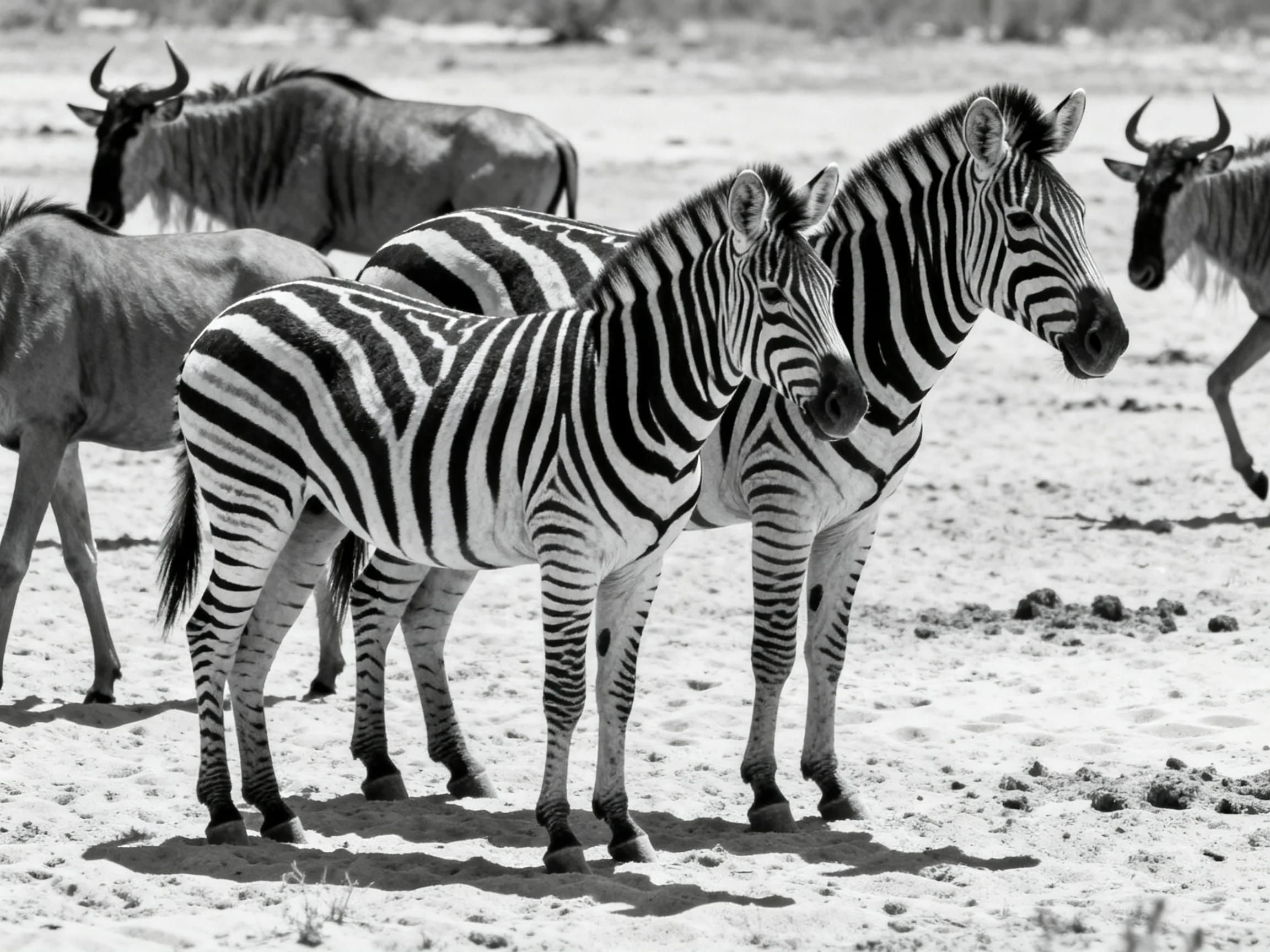 Three zebras stand near two wildebeests on sandy terrain