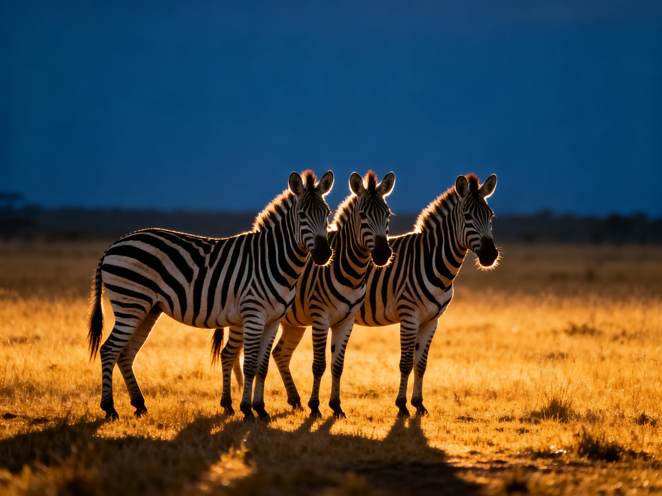 Three zebras stand on a golden savannah under deep blue sky