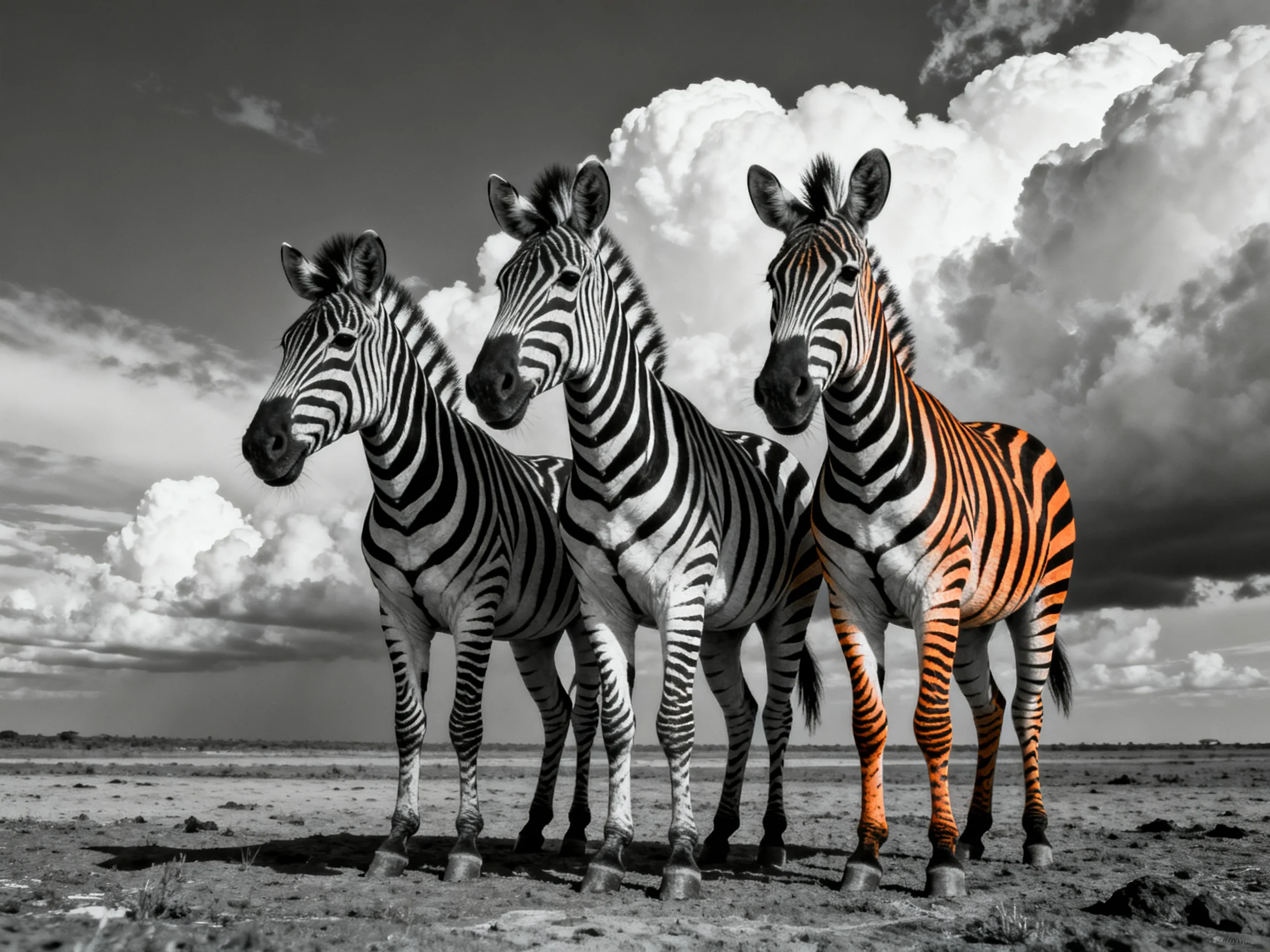 Three zebras stand together, two in black-white stripes, one with orange stripes