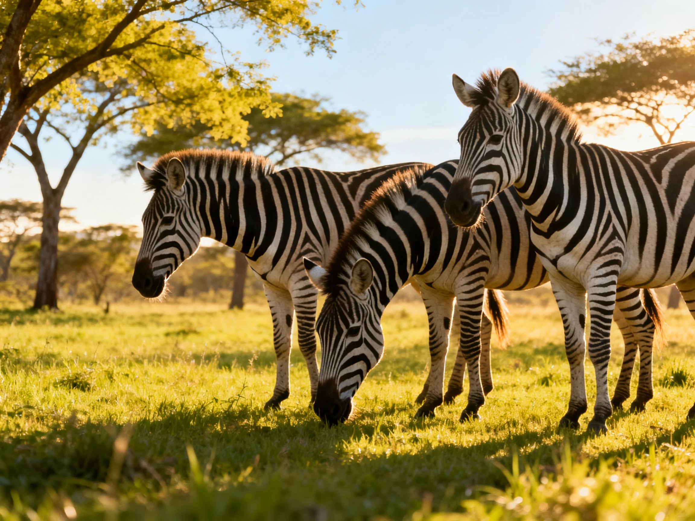 Three zebras graze in a sunlit savannah with lush green grass