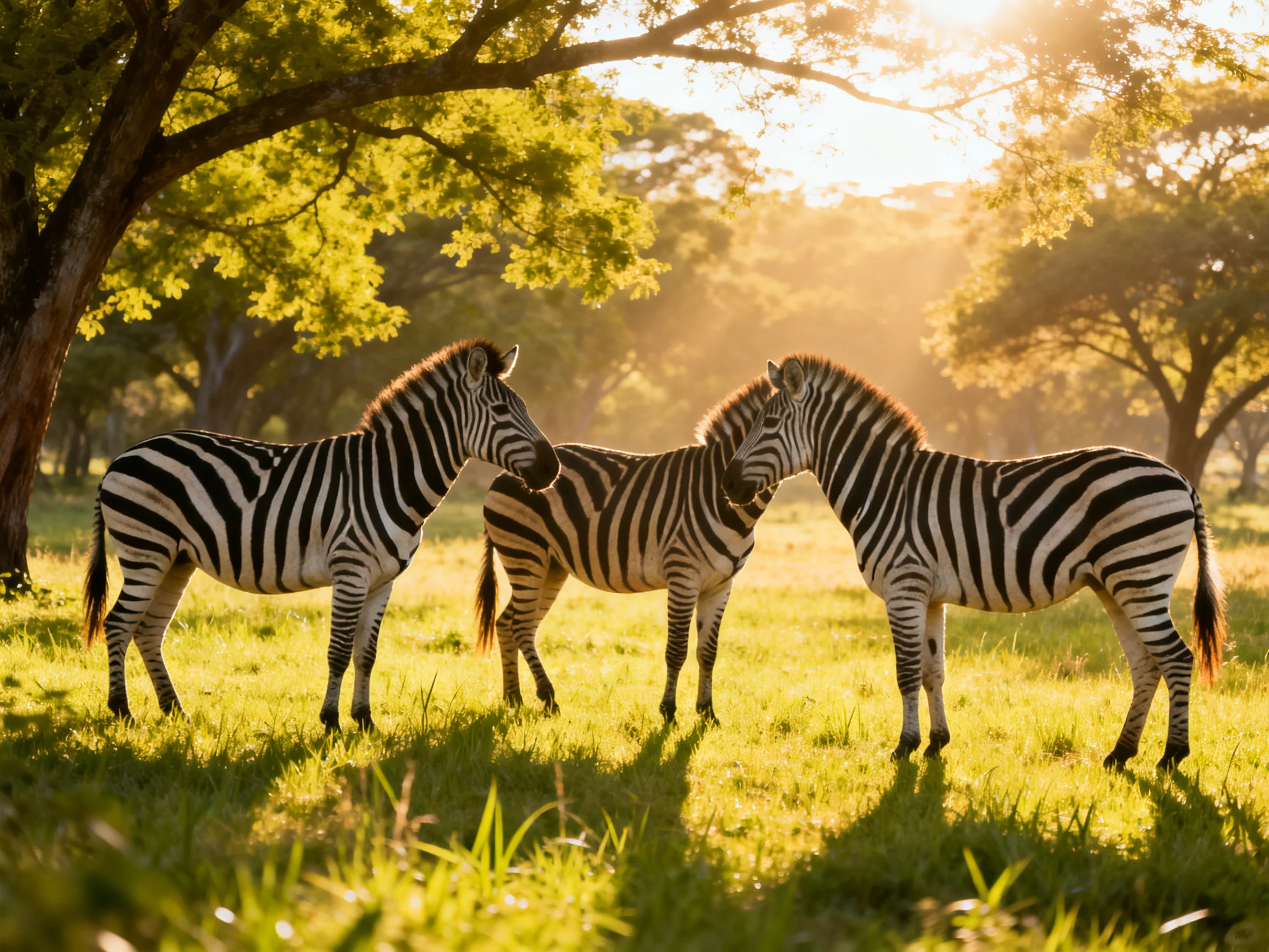 Three zebras with black-and-white stripes in a sunlit savannah clearing