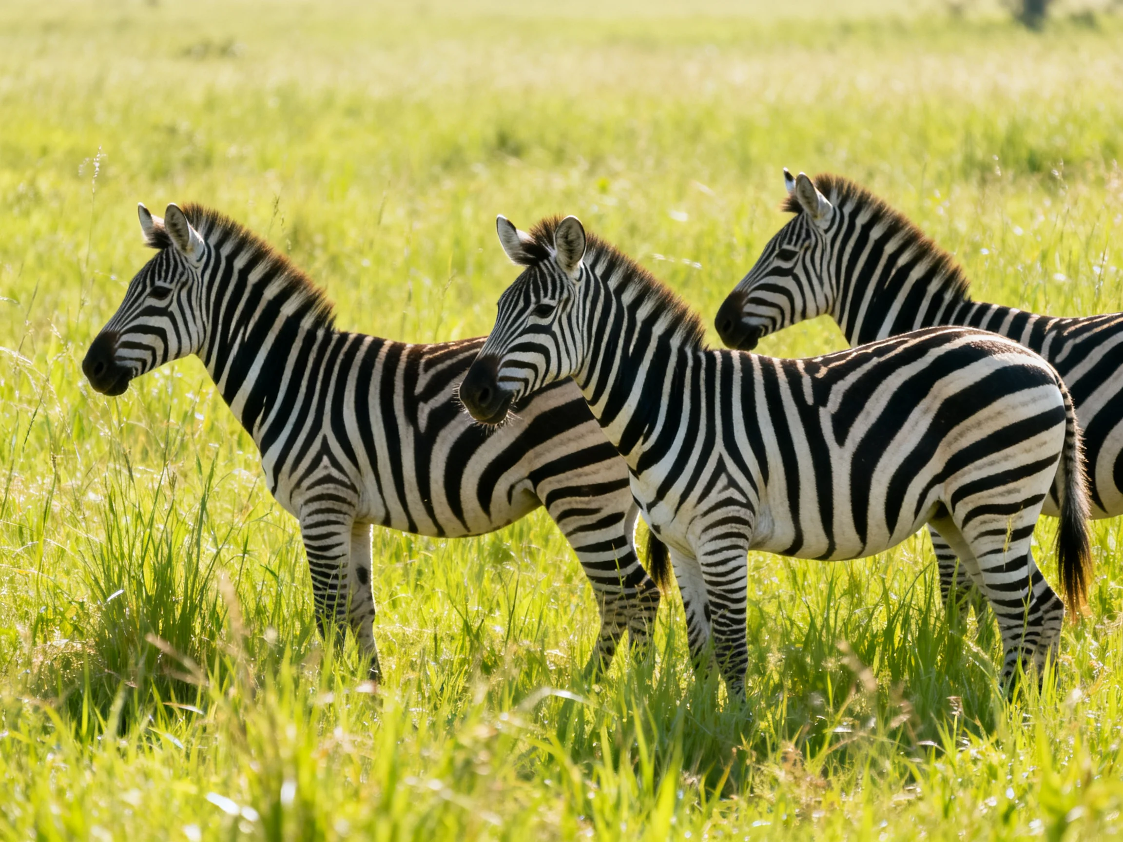 Three zebras with black-and-white stripes stand in lush green grass.