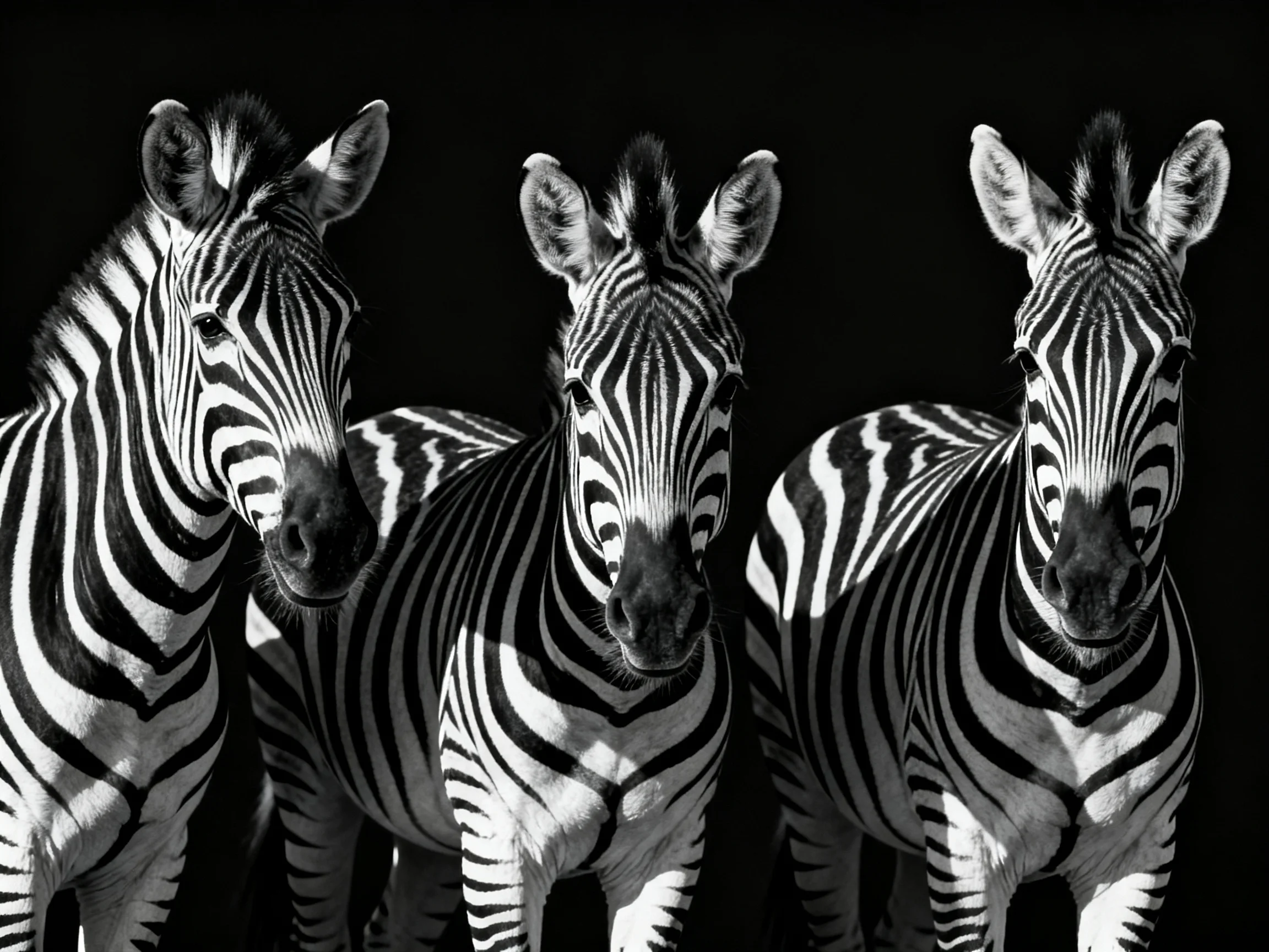 Three zebras with bold black-and-white stripes against a dark backdrop
